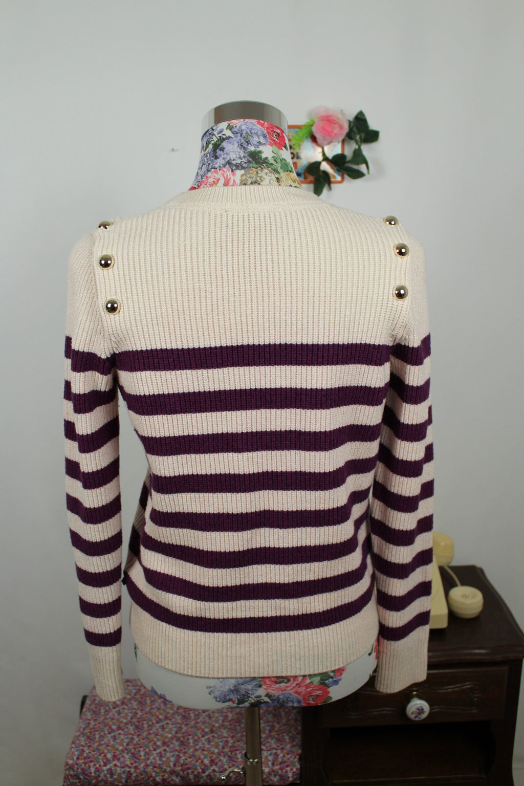 🌸🍒Pull marinière crème & violet - boutons dorés - Le Temps des Cerises 🍒🌸