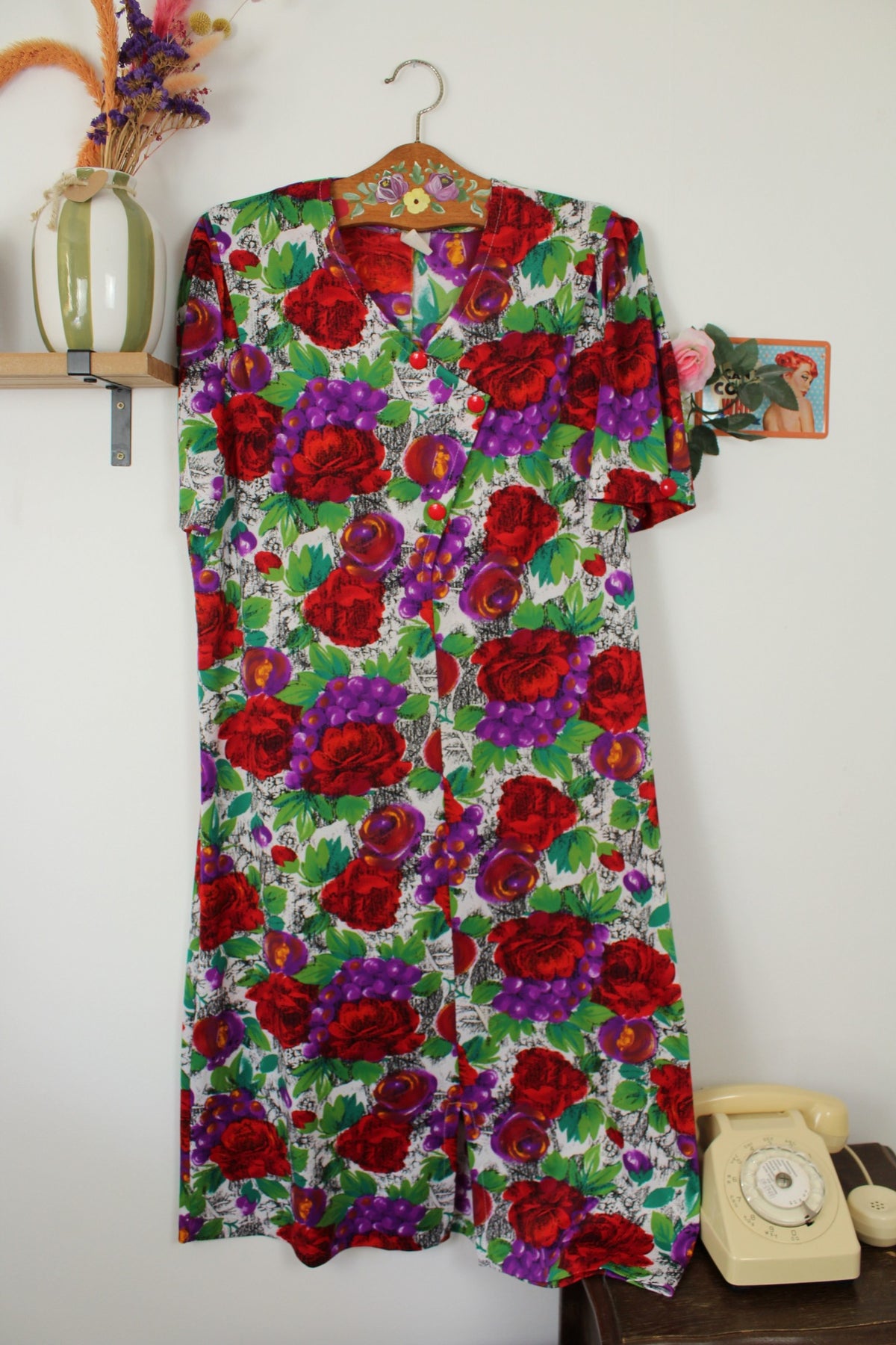 🌸🍒Robe vintage années 80 romantique - roses rouges & grappes de raisins - Taille 40/42🍒🌸