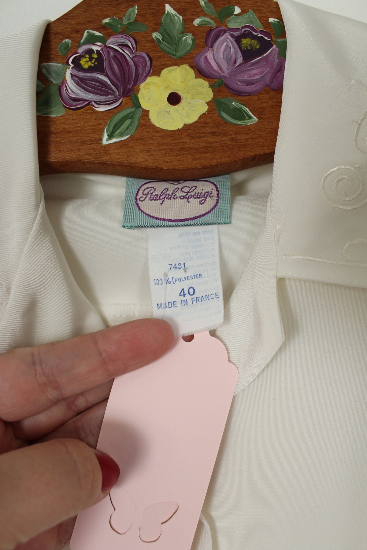 Chemise vintage années 80 blanche satinée col brodé romantique Ralph Luigi - Taille 40/42