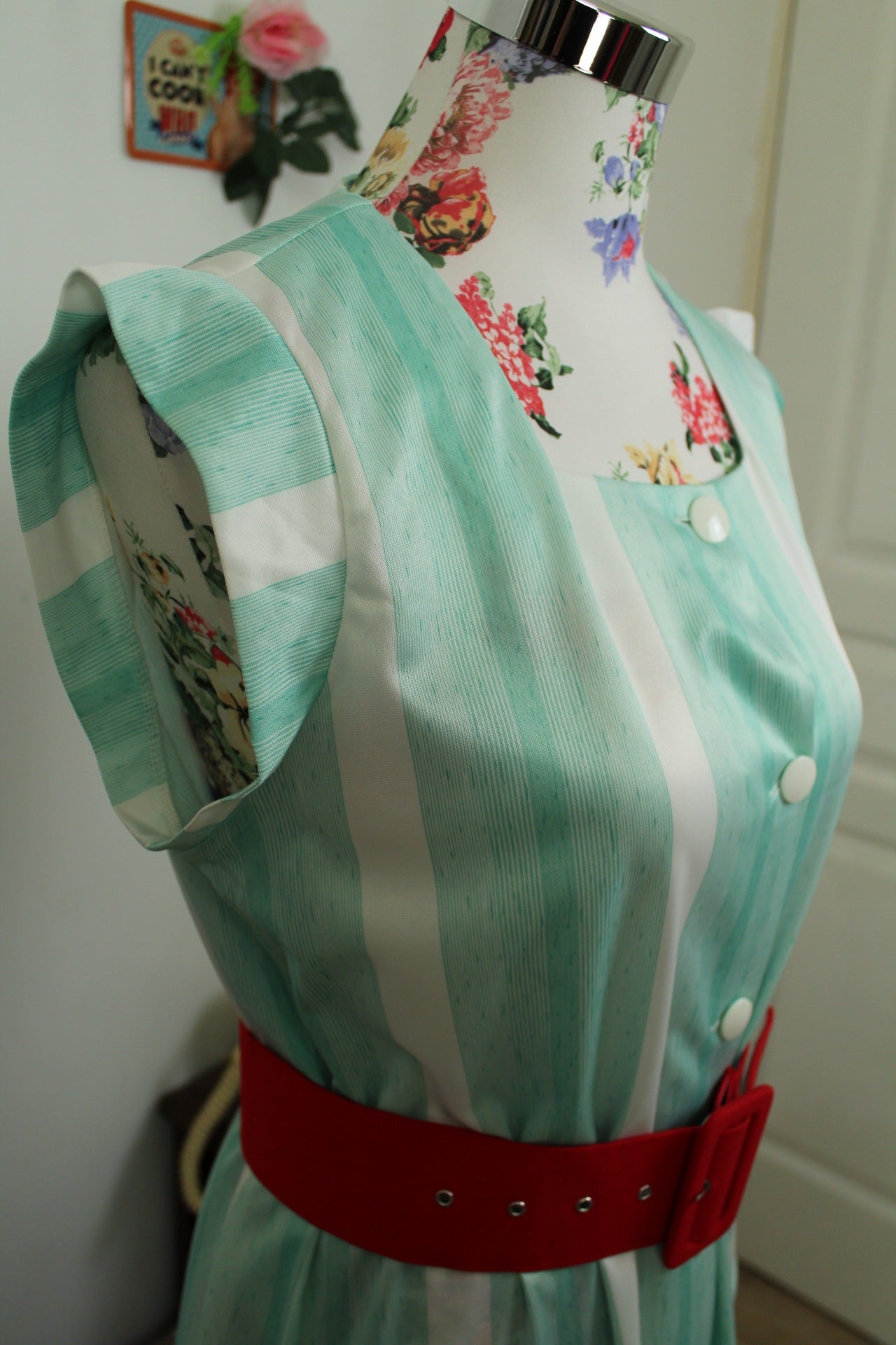 🌸🍒Robe vintage 80/90s rayée vert menthe - Taille 40/42🍒🌸