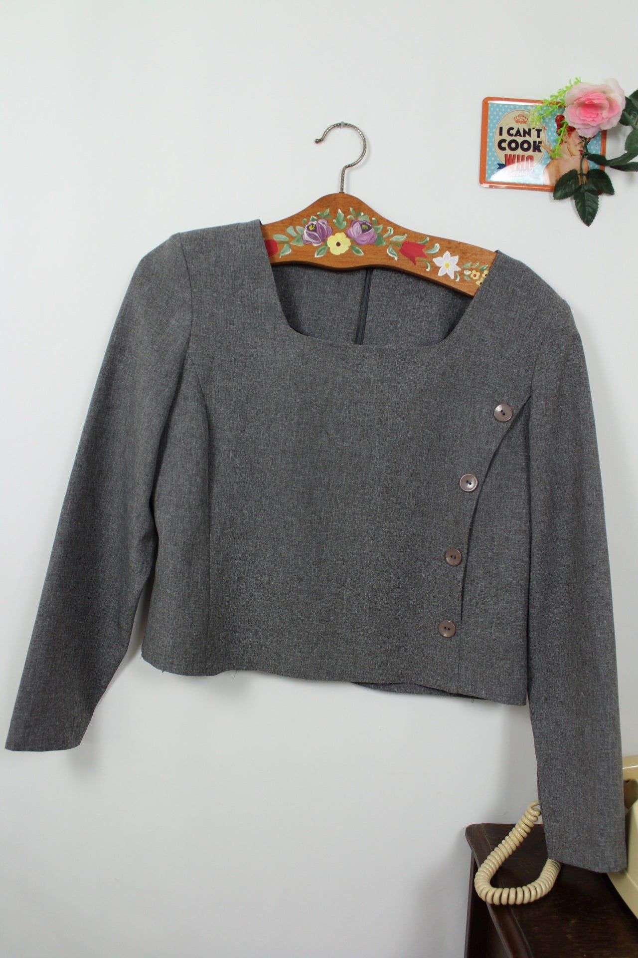 🌸🍒Blouse vintage grise à boutons asymétrique - esprit couture 90s - Taille 40/42 🍒🌸