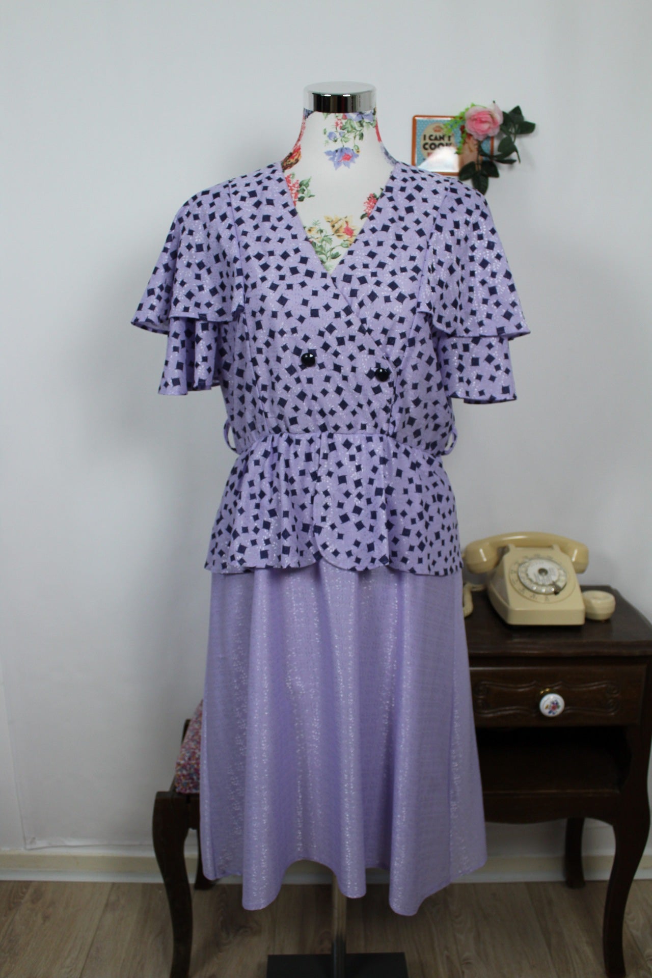 🌸🍒Robe vintage 80's Shiny Paris - lilas satiné & volants romantiques - Taille 38/40🍒🌸