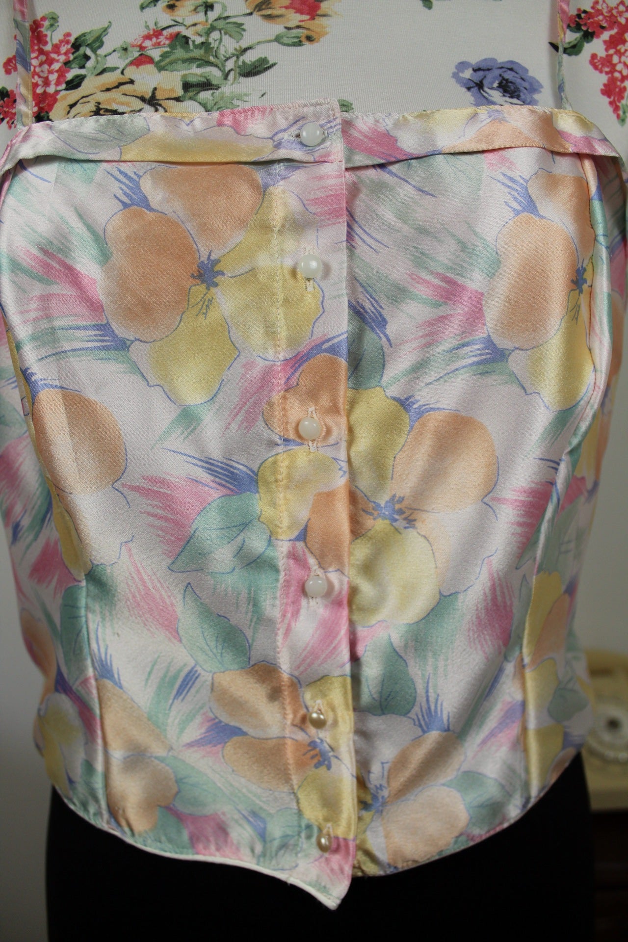 🌸🍒Top court vintage 90's bustier en satin & fleurs en aquarelle pastel - Taille 38🍒🌸