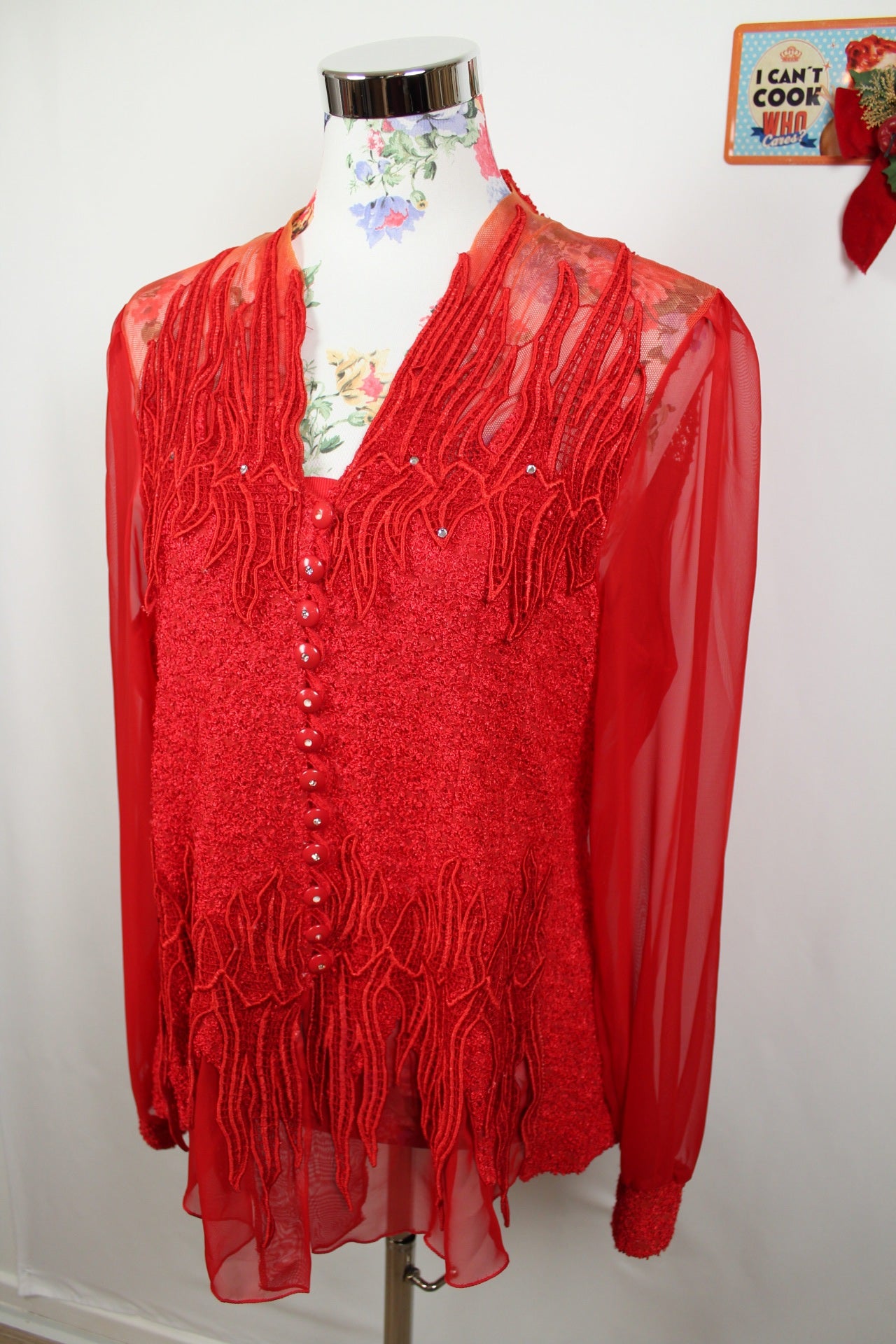 🎄Blouse rouge festive vintage 90's - dentelle, strass & manches transparentes - Look Noël glamour🎄