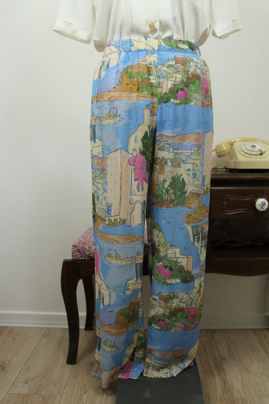 🌸🍒Pantalon fluide paysage de vacances - villages blancs & bord de mer - T.38🍒🌸