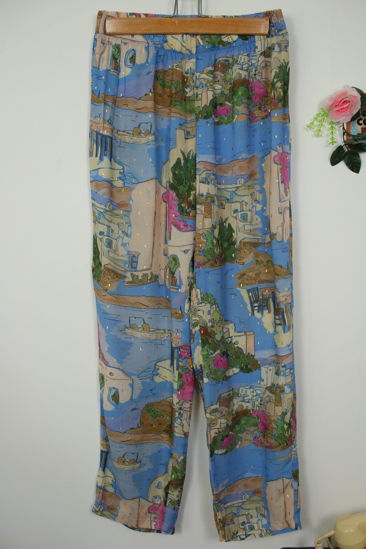 🌸🍒Pantalon fluide paysage de vacances - villages blancs & bord de mer - T.38🍒🌸