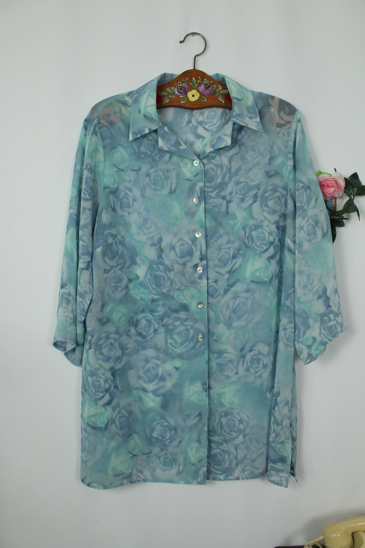 🌸🍒Chemise longue vintage 90's voile roses bleues - Taille 44/46🍒🌸