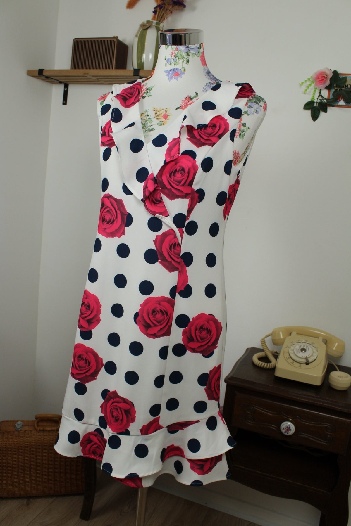 🌸🍒Robe rockabilly/pin-up pois marine & roses fuchsia - Jus d'Orange - Taille 38🍒🌸