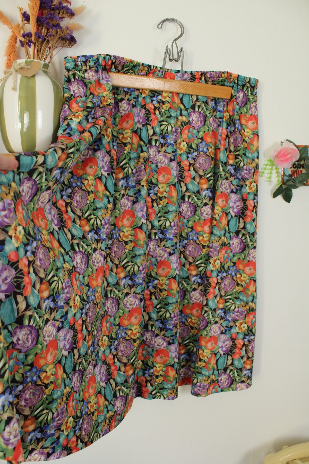 Jupe plissée vintage années 80 fleurs & fruits - Taille 46 à 52