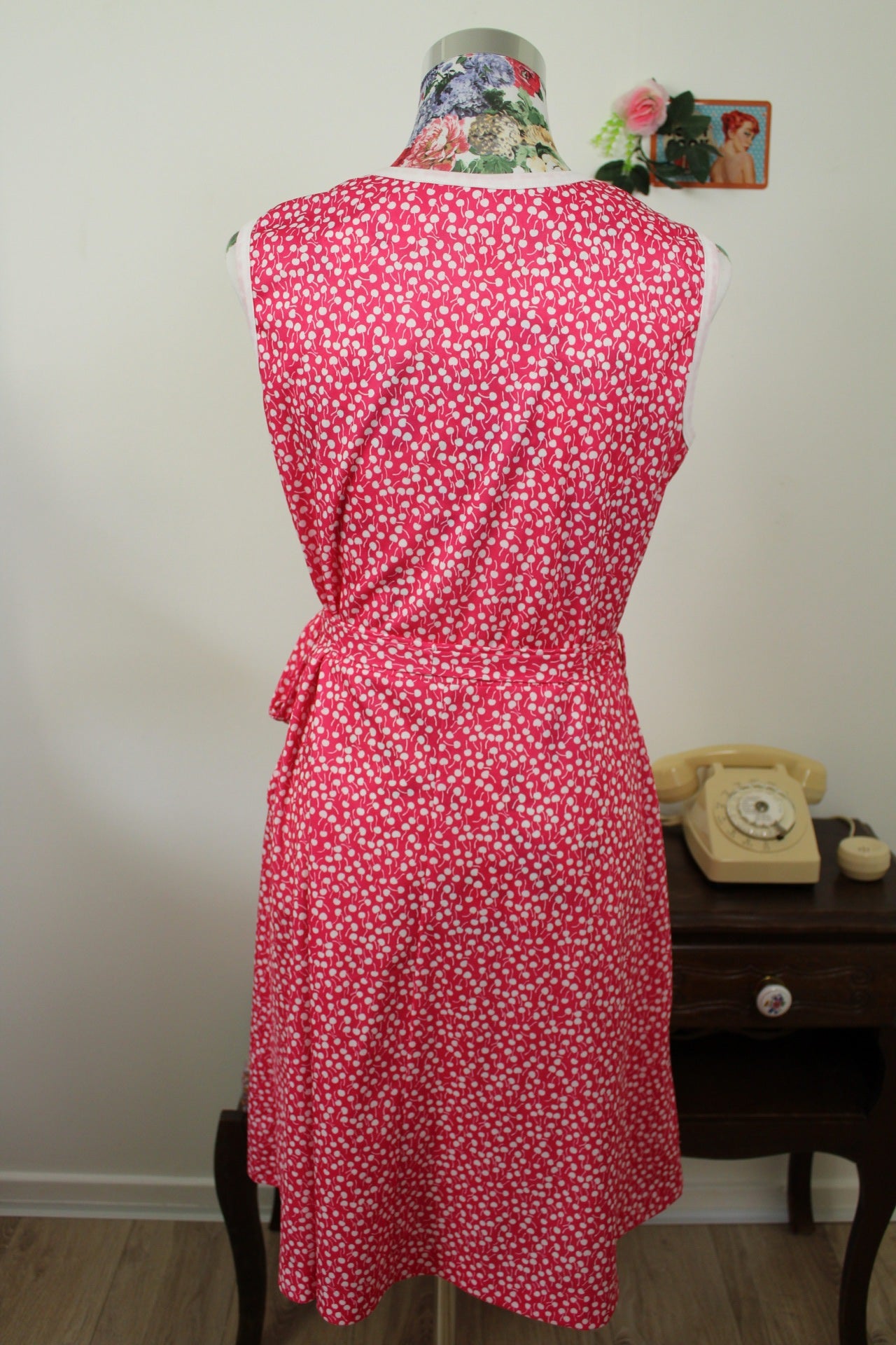 🌸🍒Robe vintage 70's rose pep's motif petites cerises style pin-up🍒🌸