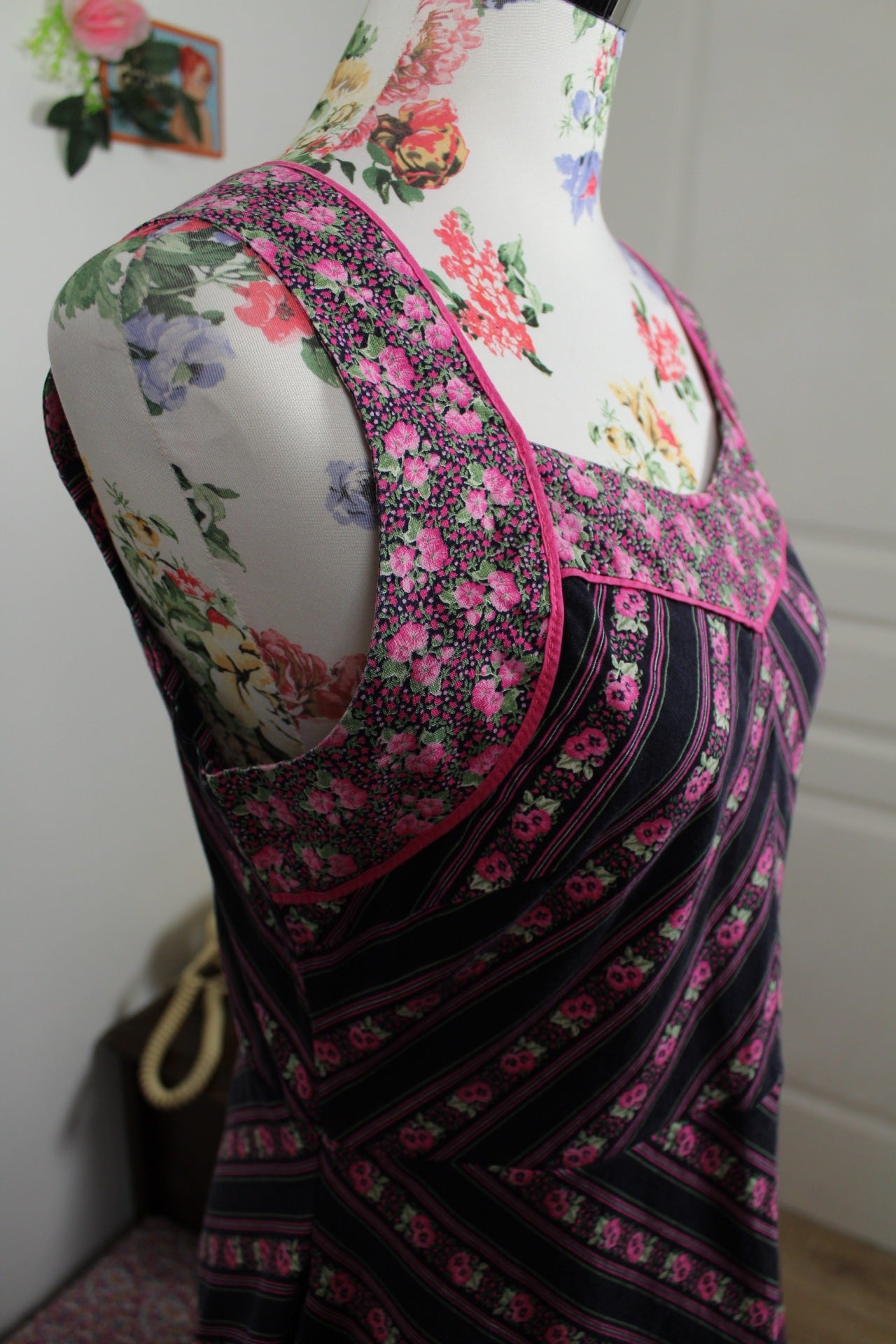 🌸🍒Robe vintage bohème folk 70's chevron fleurie rose fuchsia - T.38🍒🌸