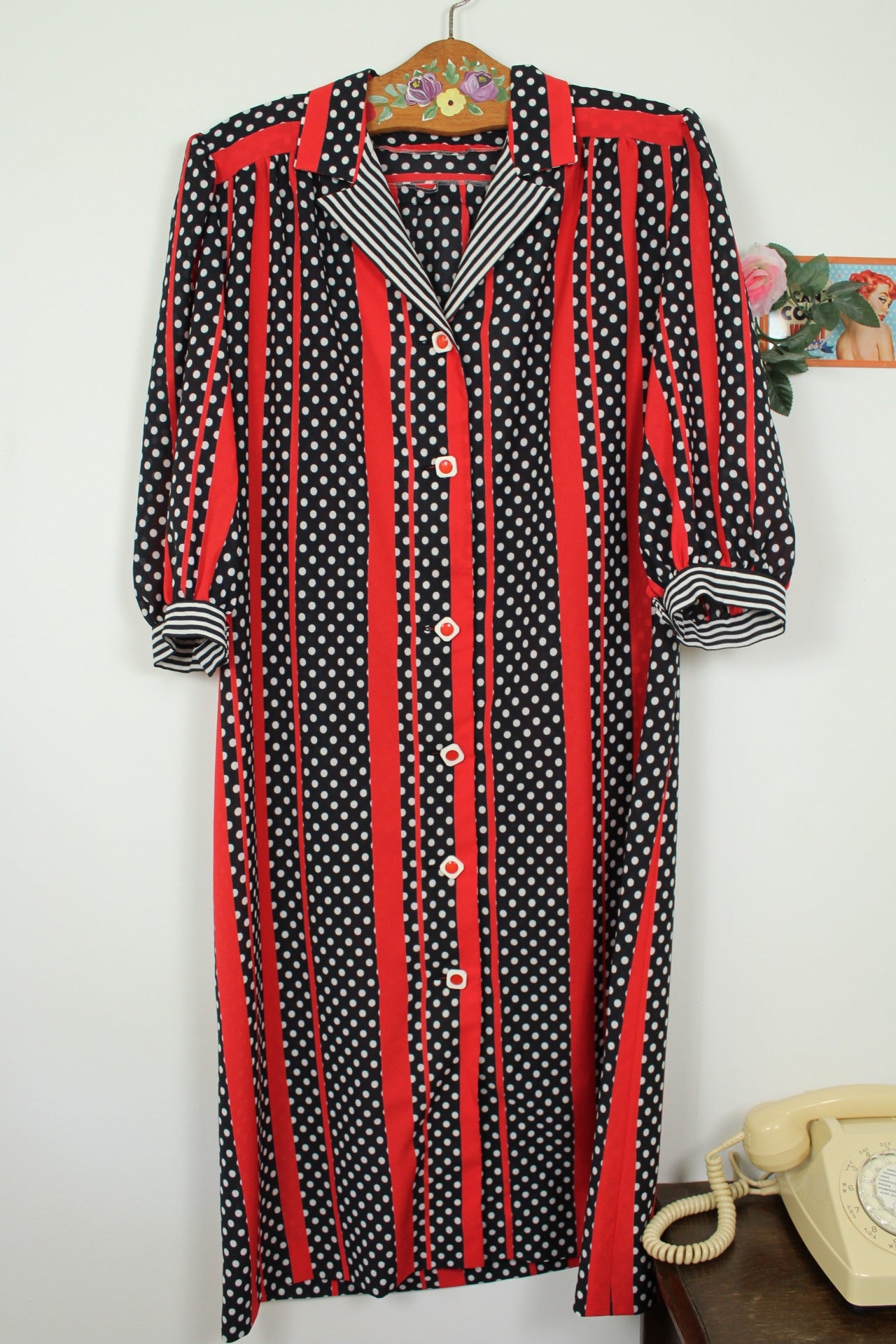 🌸🍒Robe vintage 70/80's pin-up/rockabilly pois & rayures boutonnée - Taille 42/44🍒🌸