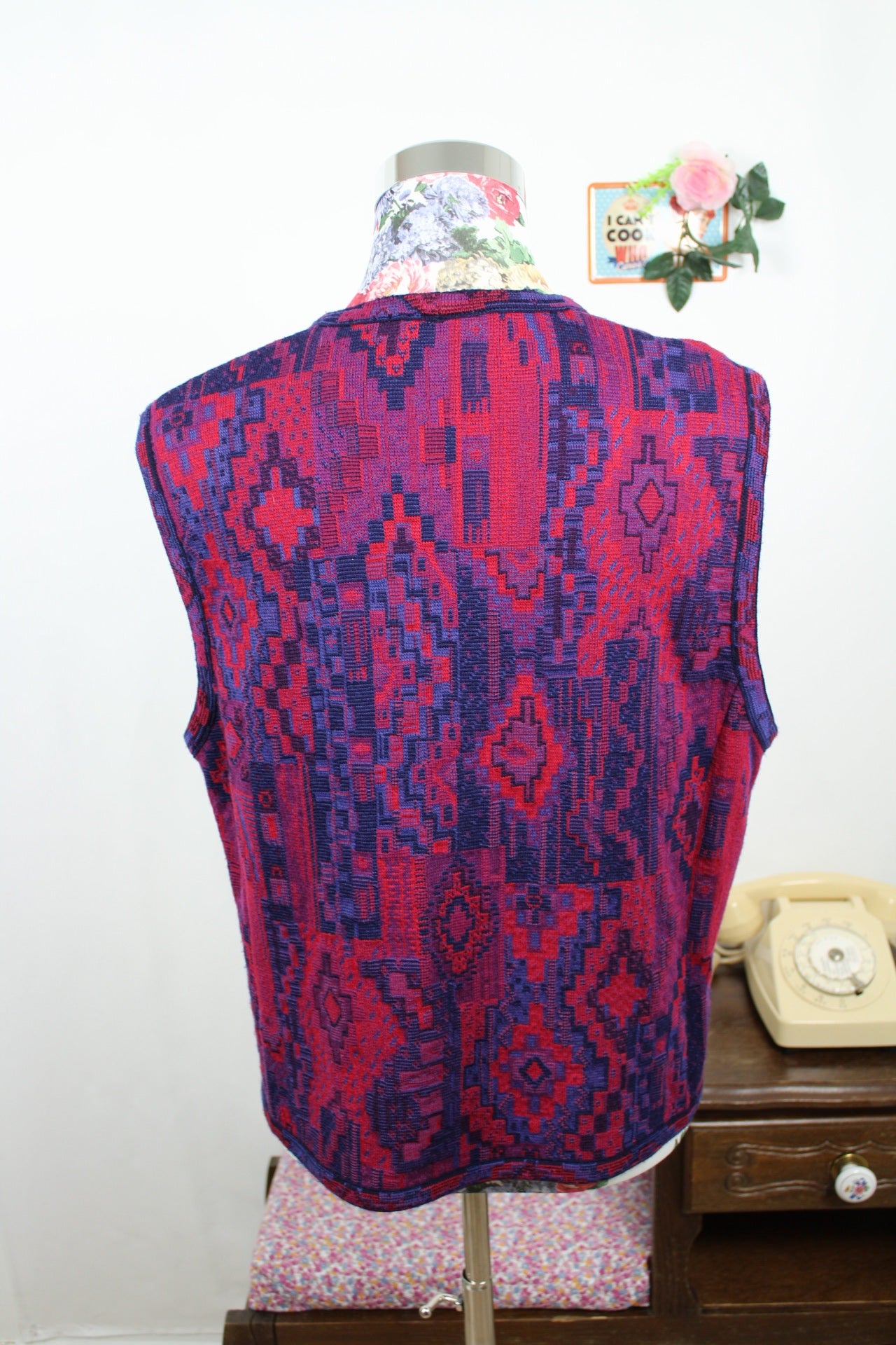 🌸🍒Gilet vintage Devernois Paris 80's - jacquard graphique bordeaux & violet - Taille 40/42🍒🌸