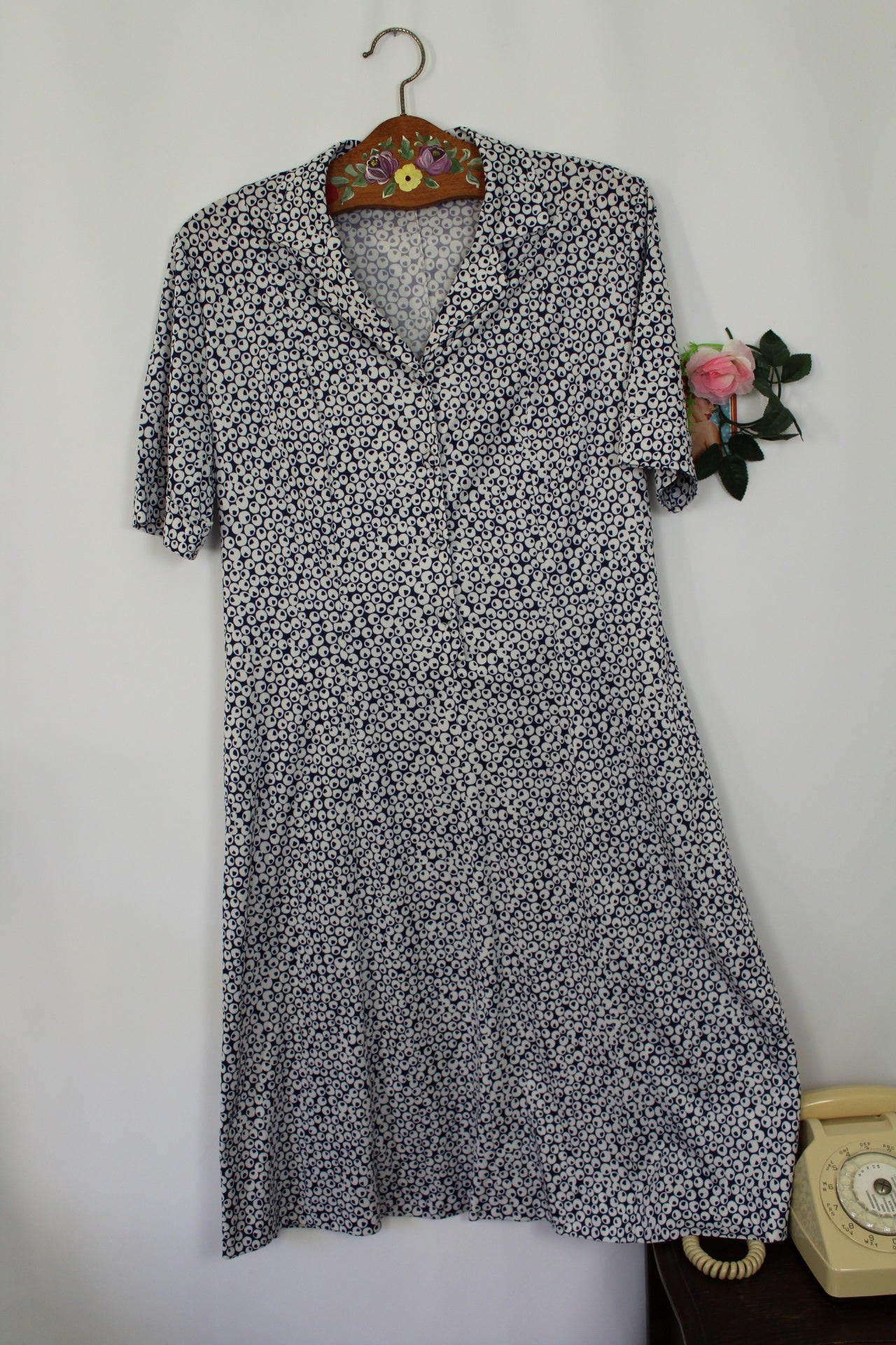 🍒🌸Robe chemisier vintage 80s à pois bleu marine - pin-up chic à la française - Taille 40/42🌸🍒