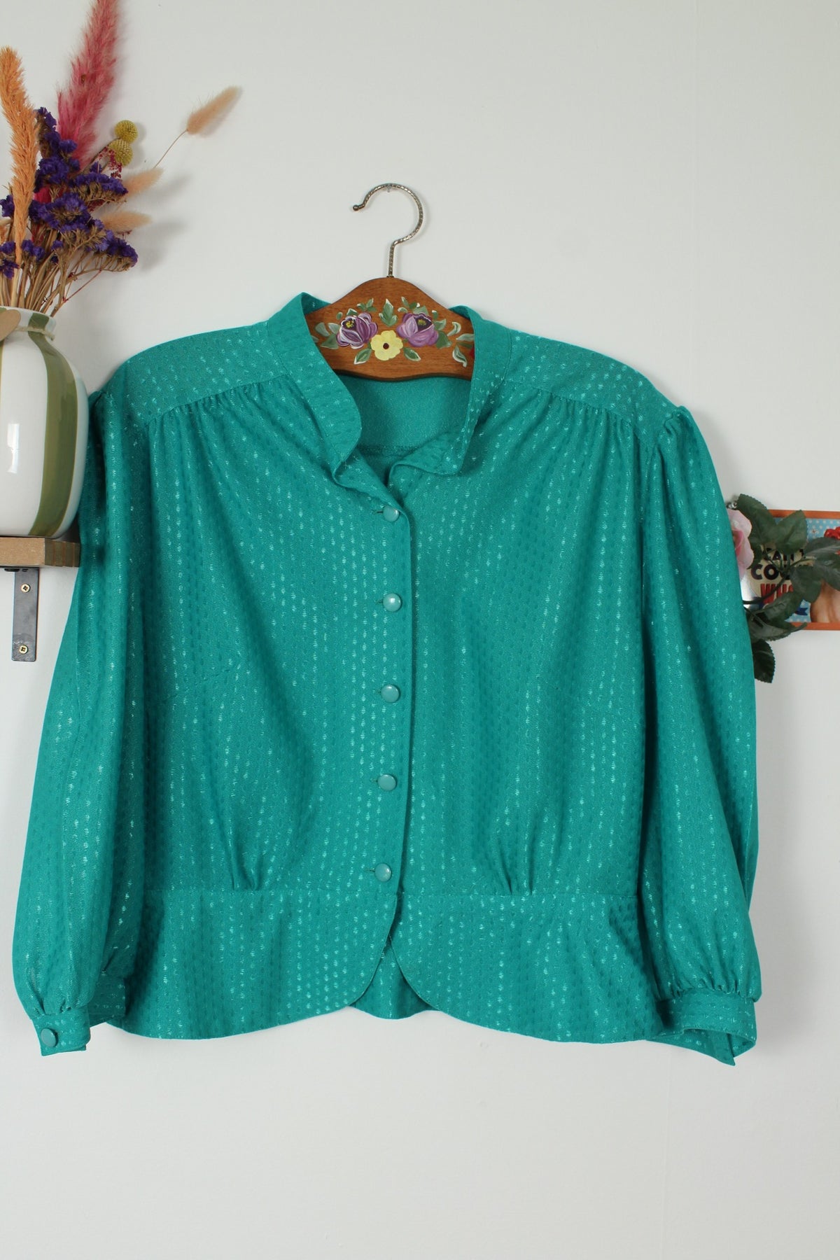 Blouse vintage années 70 turquoise fuseaux satinés et col officier - Taille 38 à 42