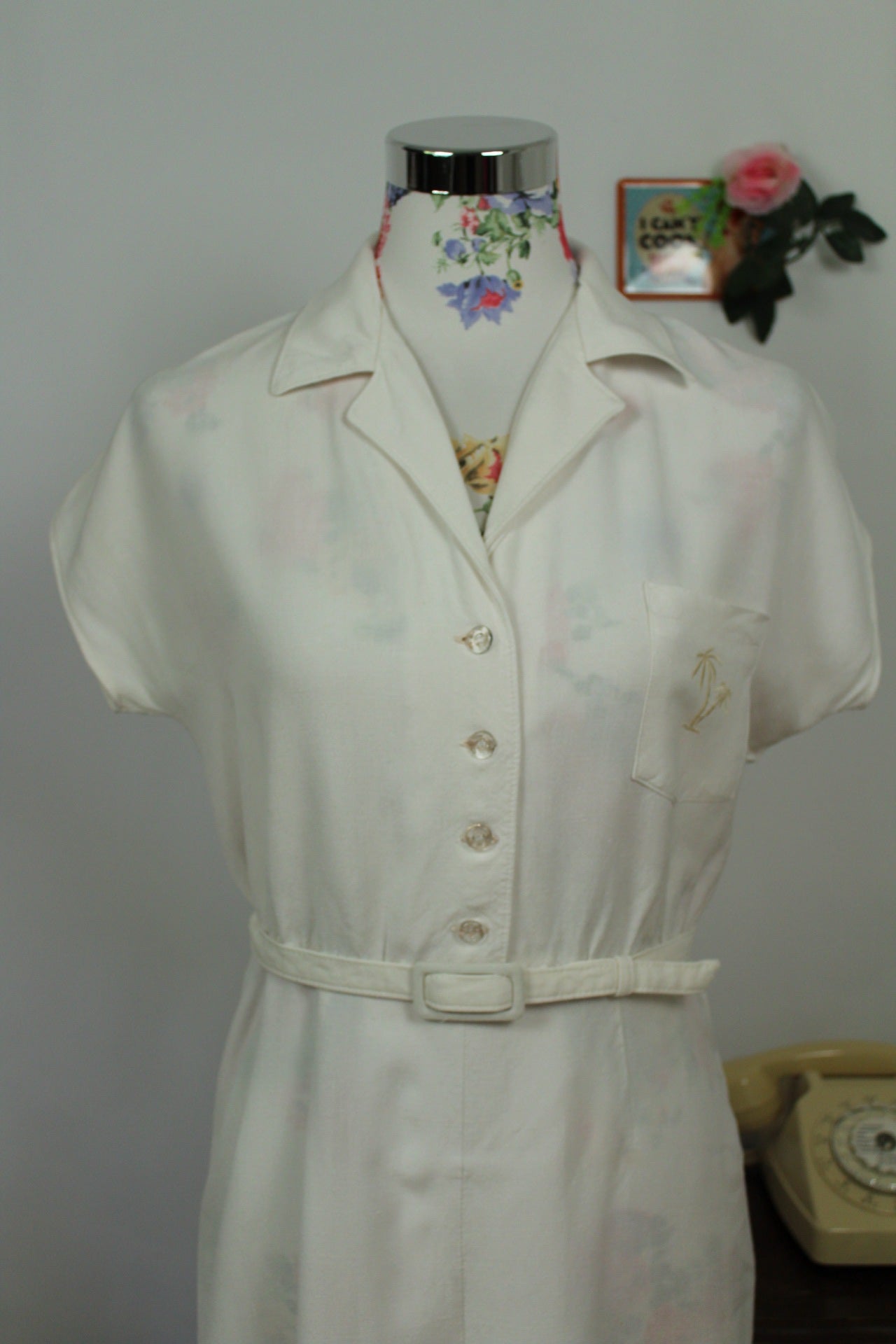 🌸🍒Robe blanche vintage 90's lin & viscose - palmier brodé - Taille 38🍒🌸