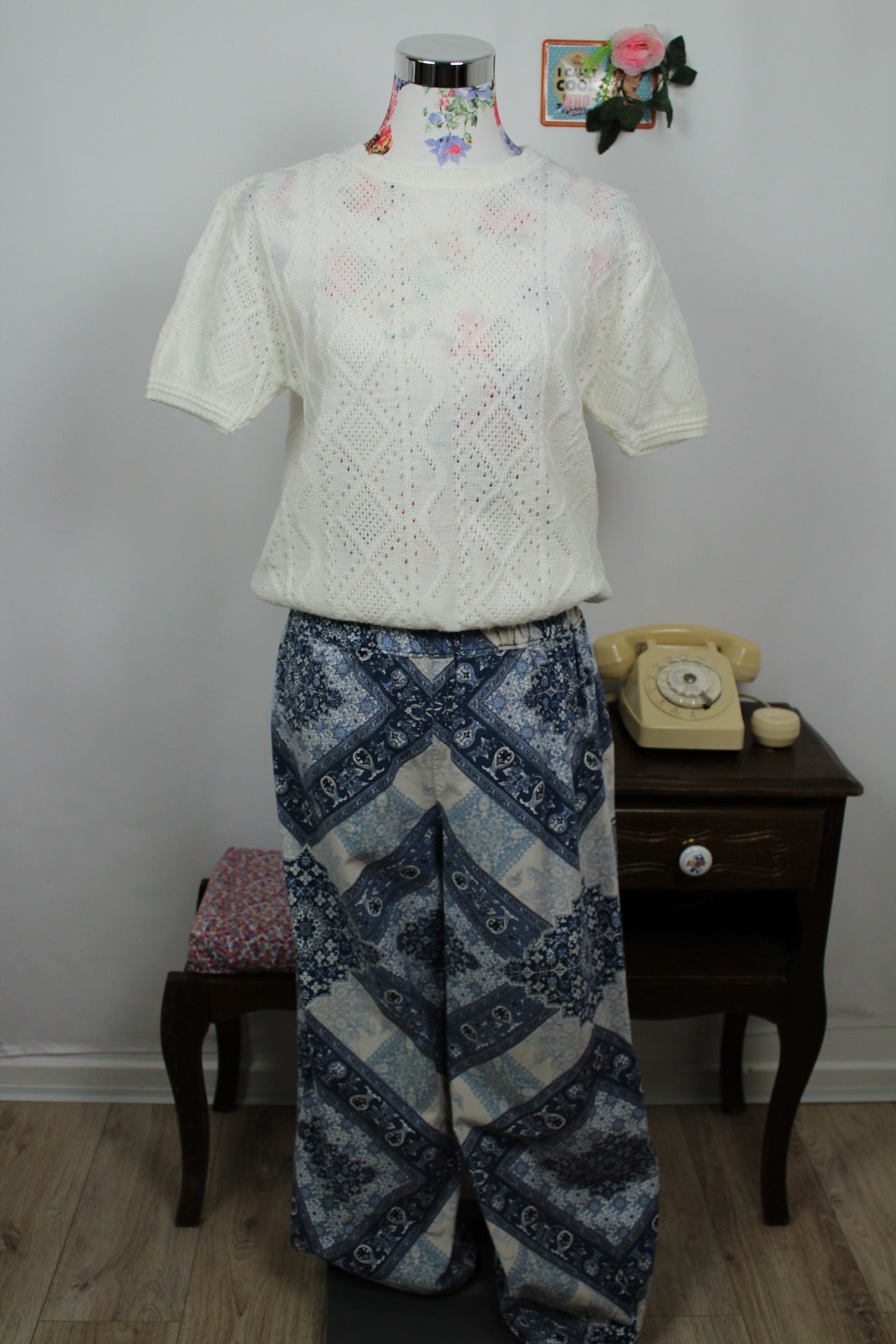 🌸🍒Pull blanc vintage 90's ajouré manches courtes - made in France - Taille 40/42🍒🌸