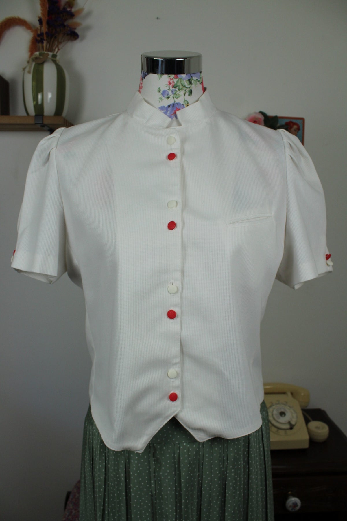 Chemisier blanc vintage années 80/90 en coton épais côtelé - Taille 38/40