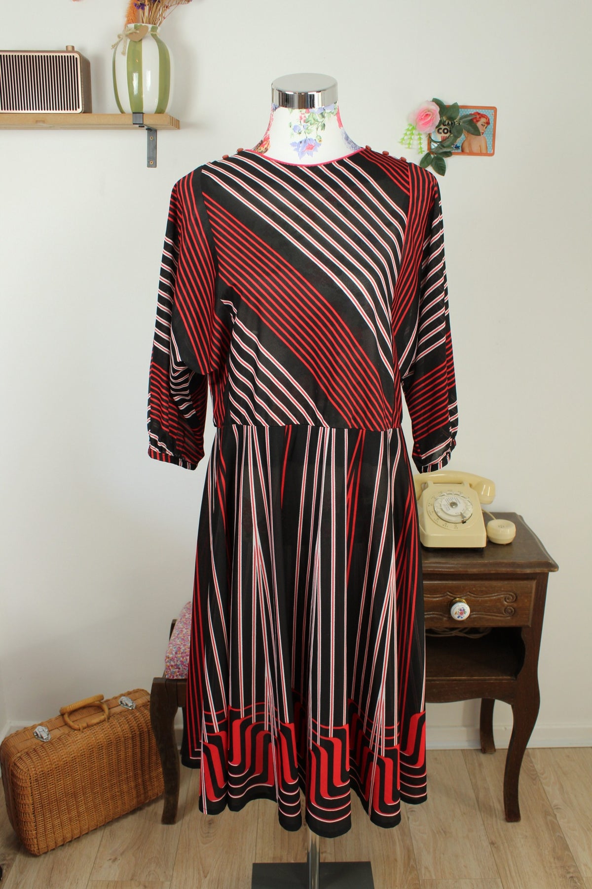 Robe vintage années 70 manches longues rayée automne chic - Taille 40/42