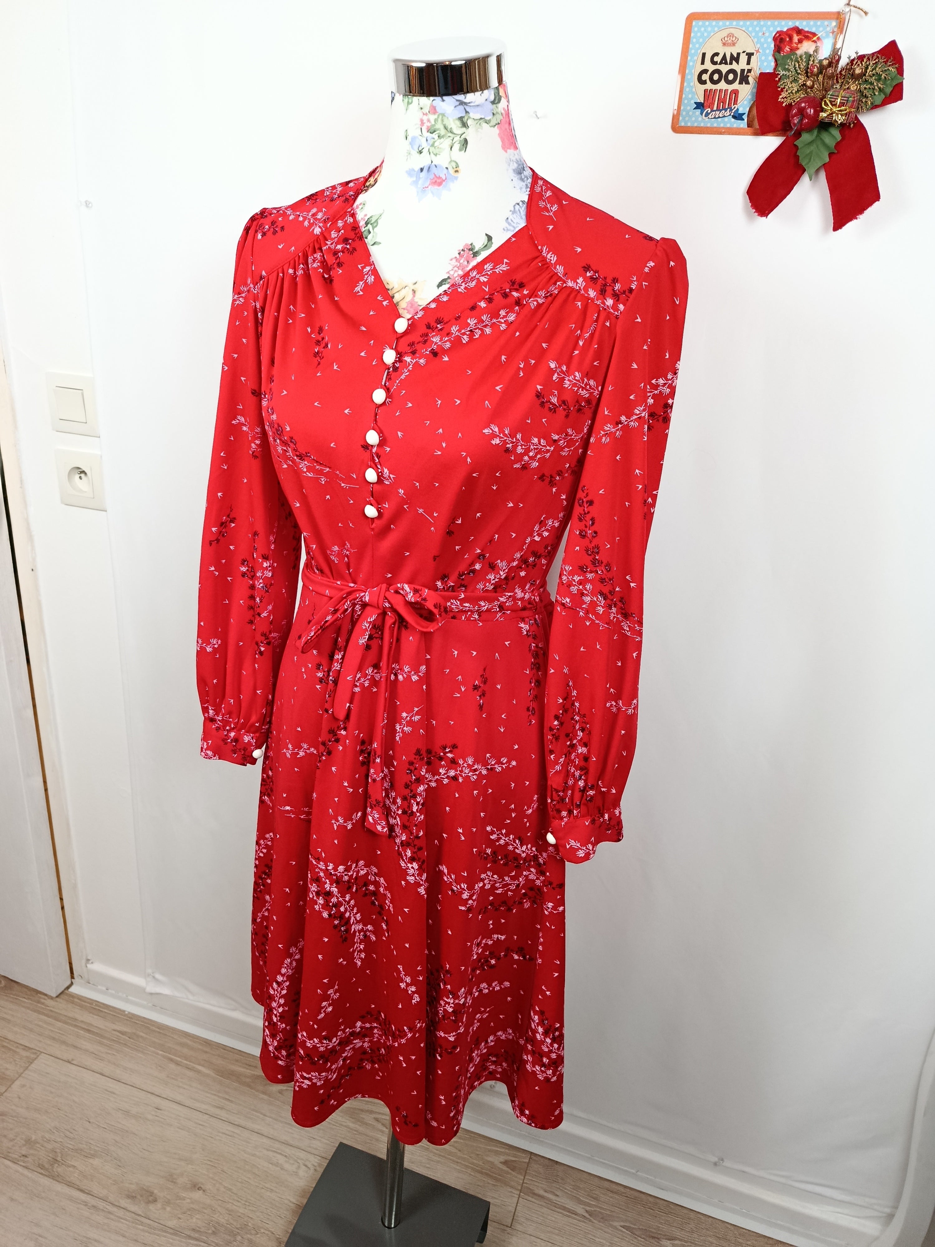 ✨Robe rouge vintage 70's Basma - branchage fleuri esprit Noël parisienne chic✨