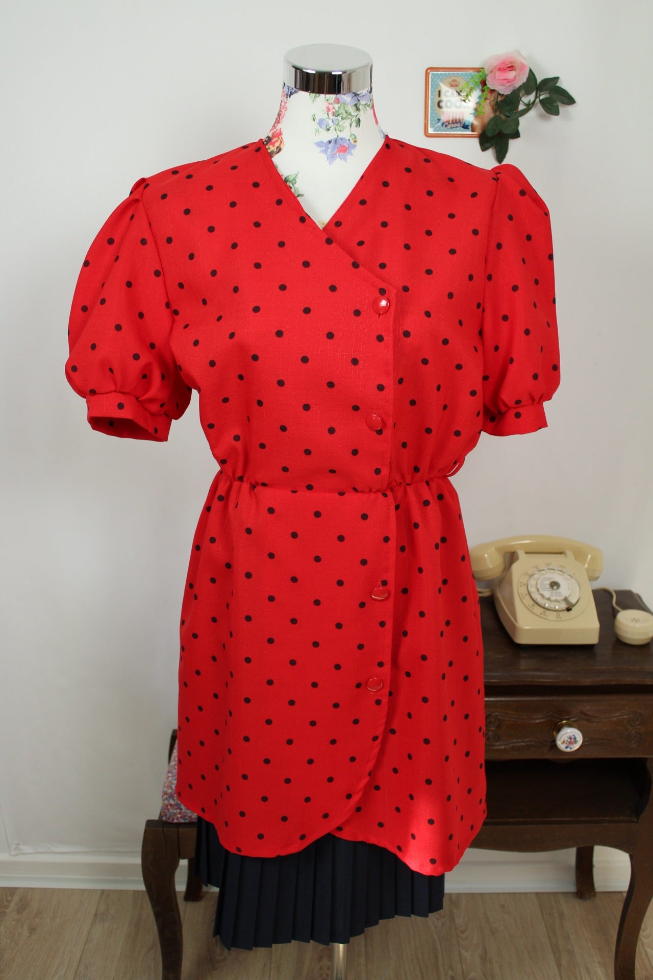 🌸🍒Robe vintage 80's rouge à pois - manches bouffantes & jupon intégré esprit 50's - Taille 38/40🍒🌸