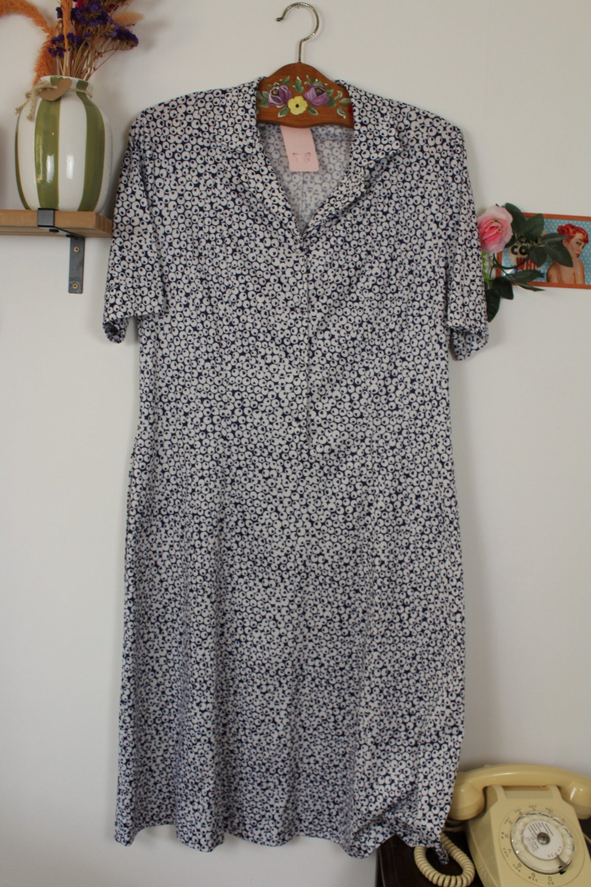 Robe chemisier vintage années 80 à pois bleu marine - pin-up chic à la française - Taille 40/42