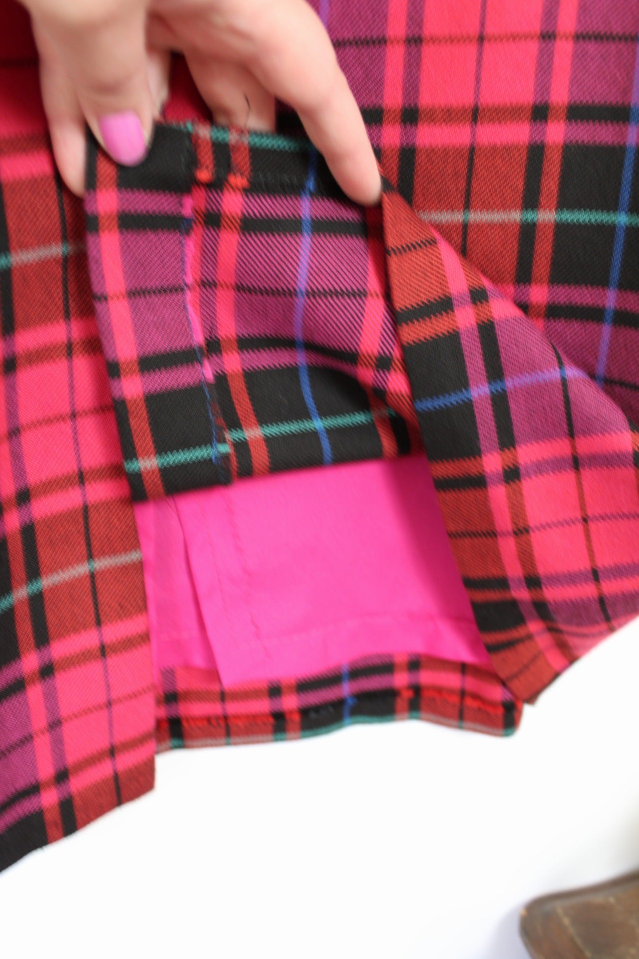 🌸🍒Jupe vintage tartan rose/violet 90s - fait main esprit punk chic pin-up - Taille 40🍒🌸
