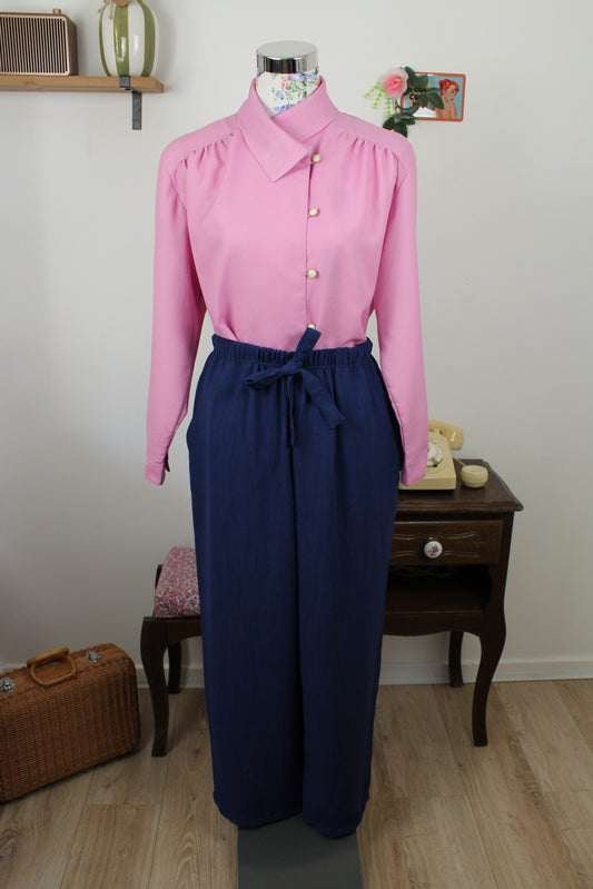 Chemisier vintage années 70/80 rose  à col pelle à tarte & boutons dorés - Taille 40/42