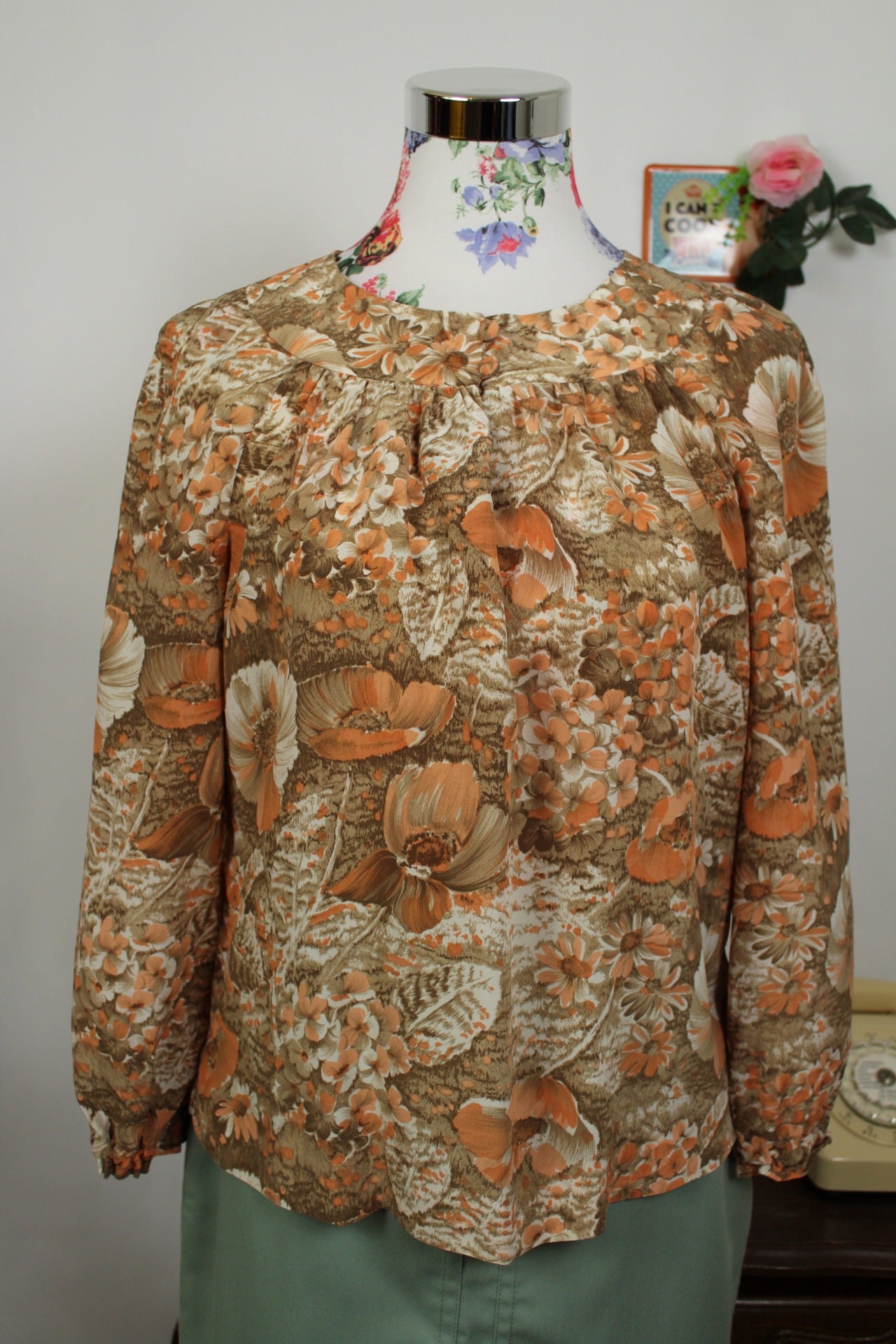 🌸🍒Blouse vintage 70's "papier peint - fleurs automnales" légère - Taille 38/40🍒🌸