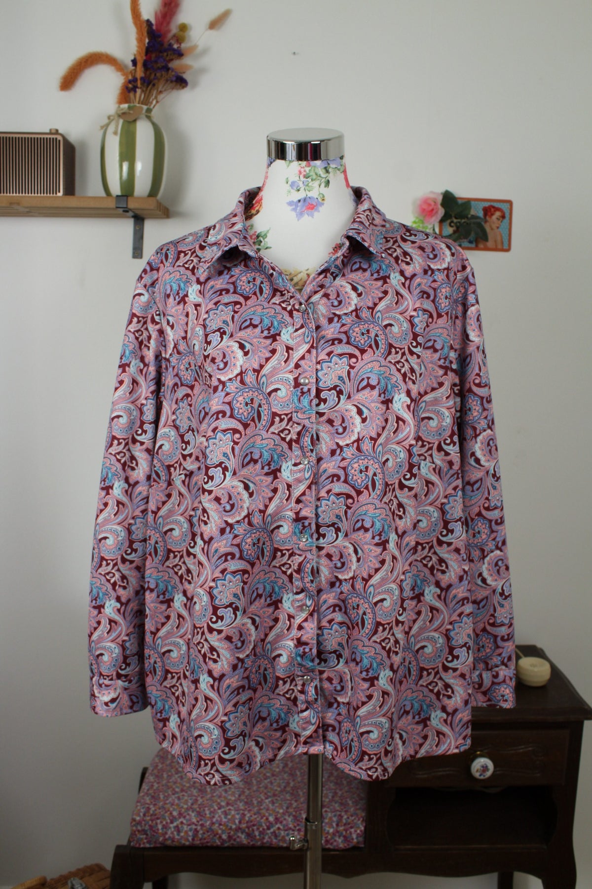 Chemise vintage années 90 fleurie baroque & boutons pressions nacrés - Taille 46/48
