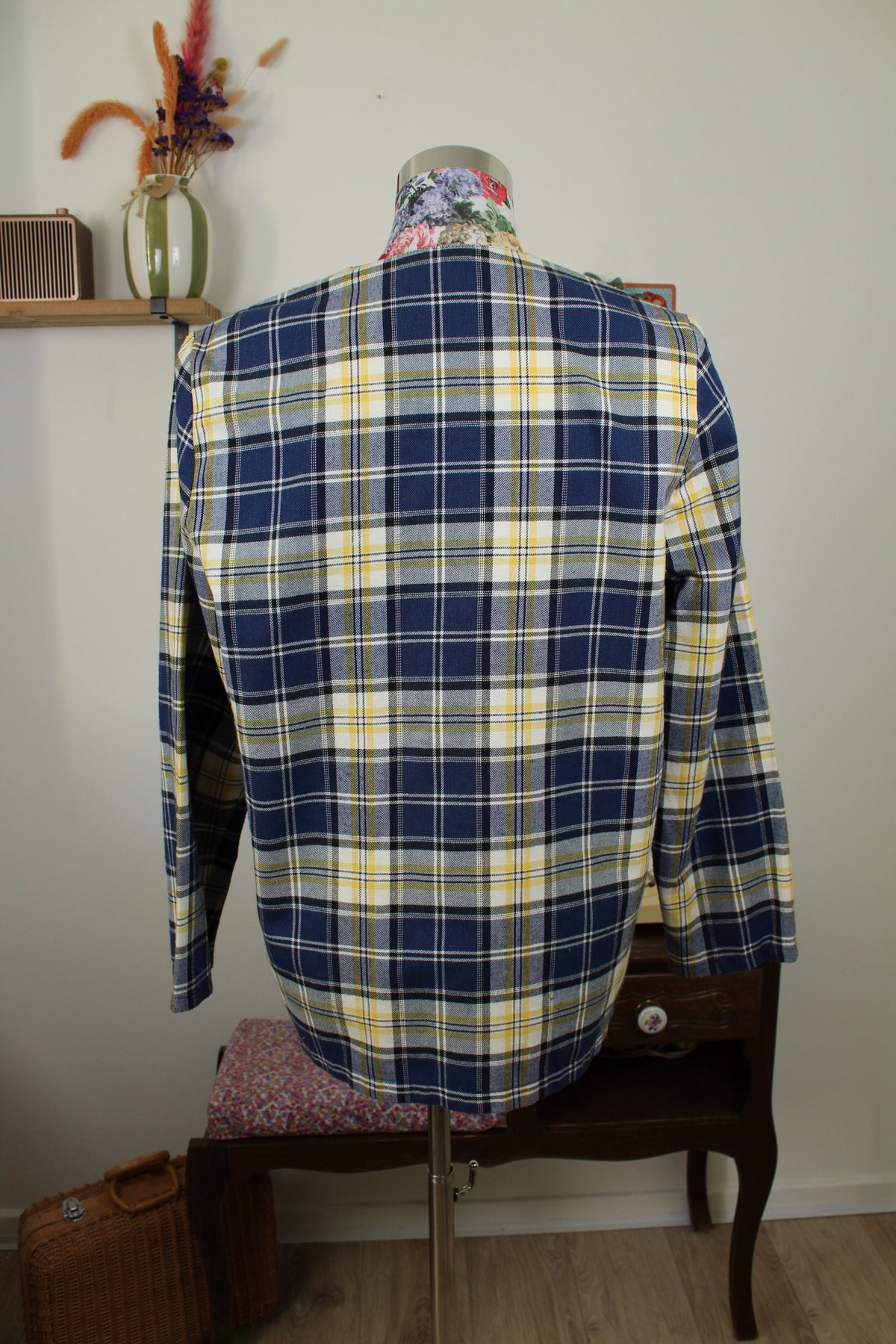 Veste vintage années 80/90 carreaux jaunes & marines en coton - Taille 40/42