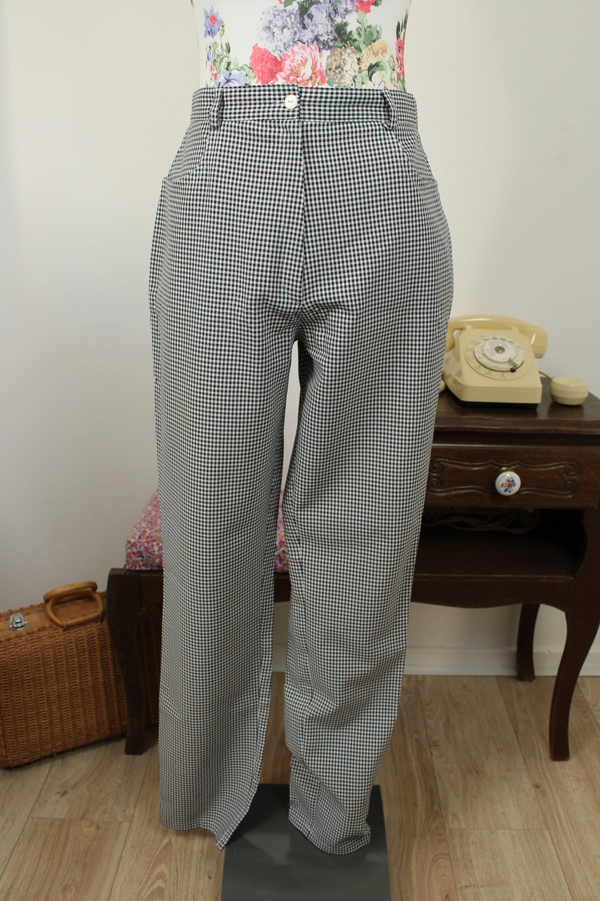 Pantalon vintage années 90 vichy carreaux noirs & blancs skinny - Taille 38