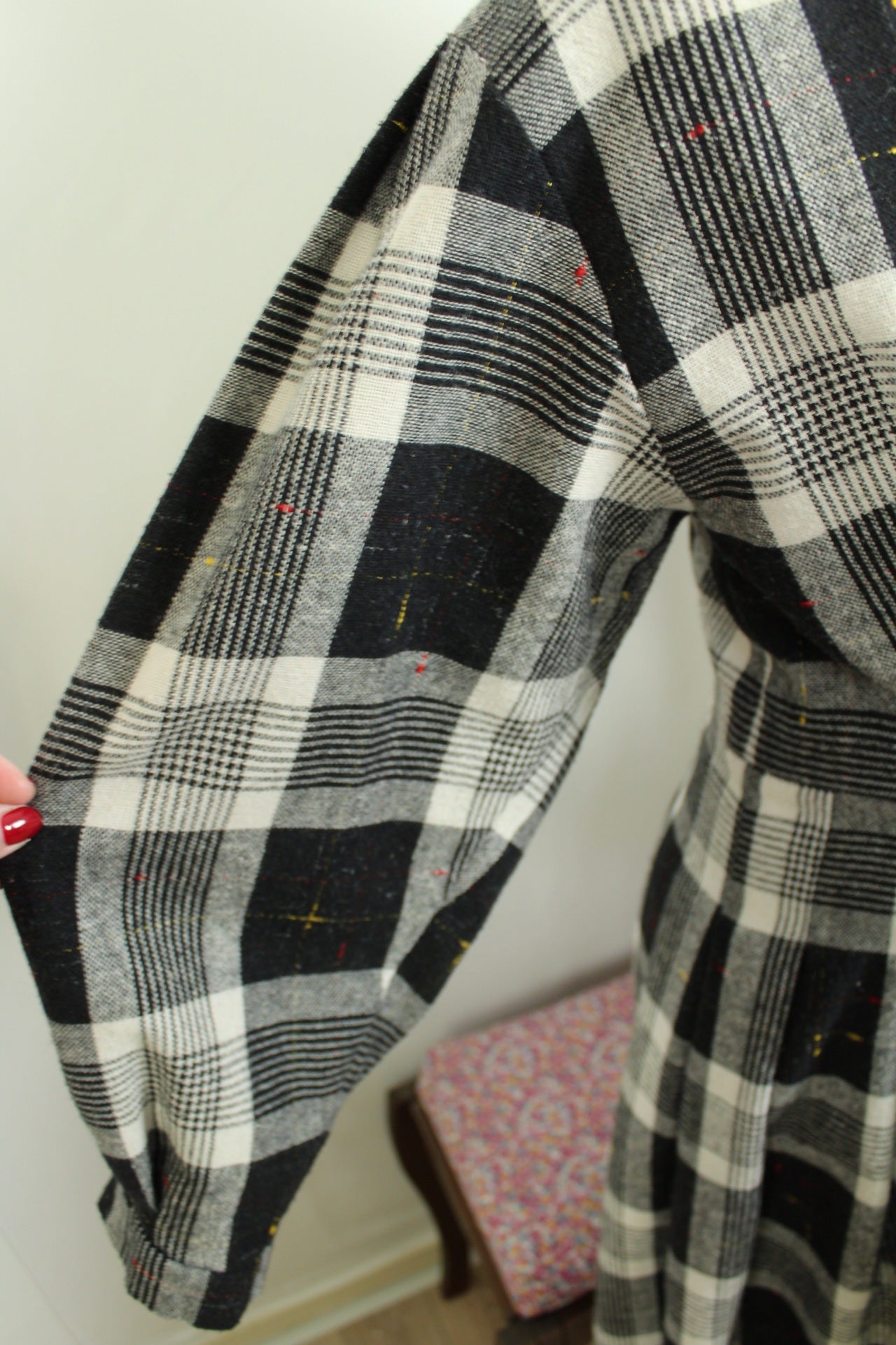 🌸🍒Robe d'hiver vintage faite main - carreaux noir & blanc - plissée années 80 - Taille 36/38🍒🌸
