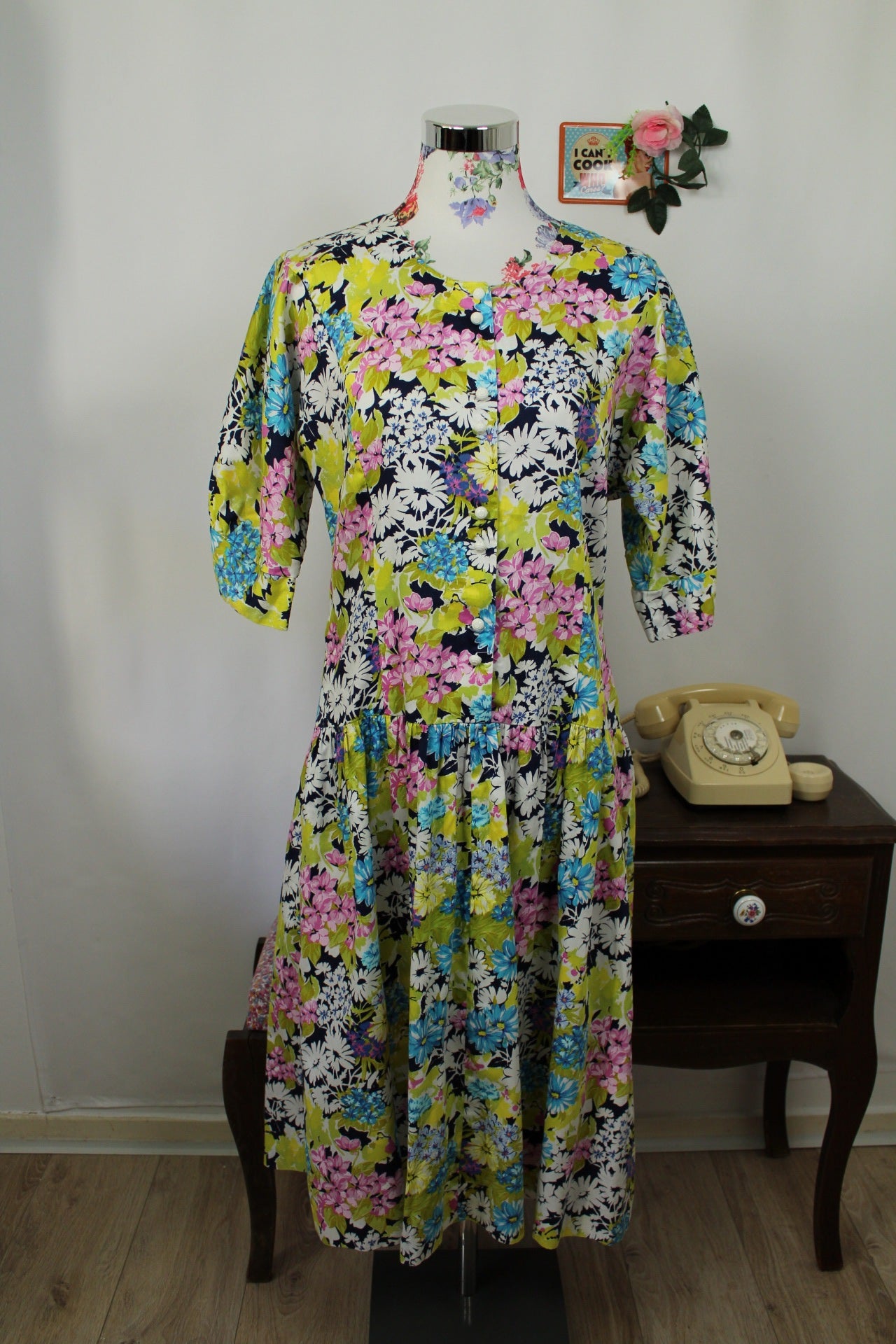 🌸🍒Robe vintage 80's fleurie Gevana - manches bouffantes 100% coton - Taille 38/40🍒🌸