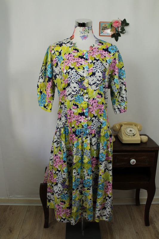 🌸🍒Robe vintage 80's fleurie Gevana - manches bouffantes 100% coton - Taille 38/40🍒🌸