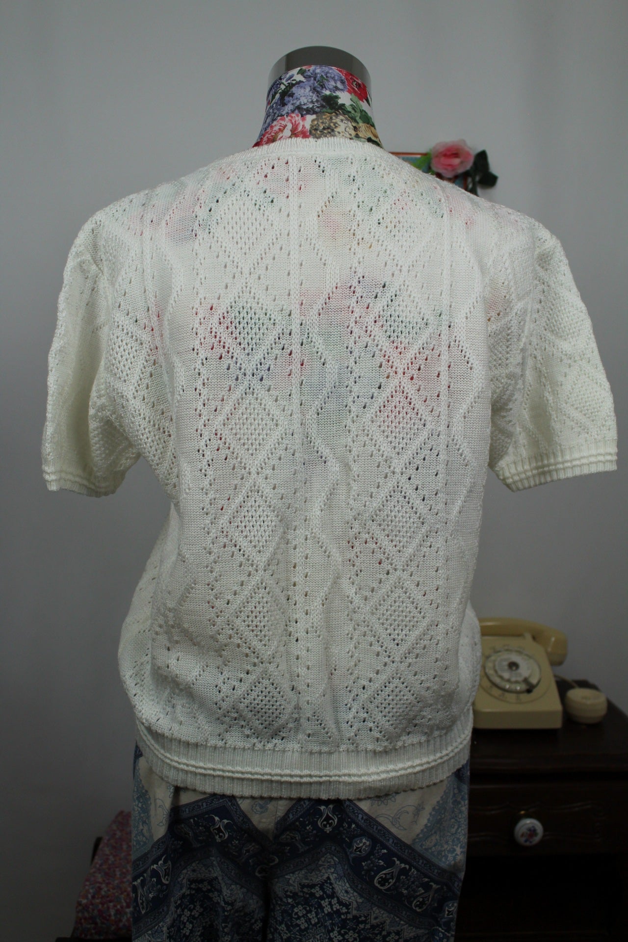 🌸🍒Pull blanc vintage 90's ajouré manches courtes - made in France - Taille 40/42🍒🌸
