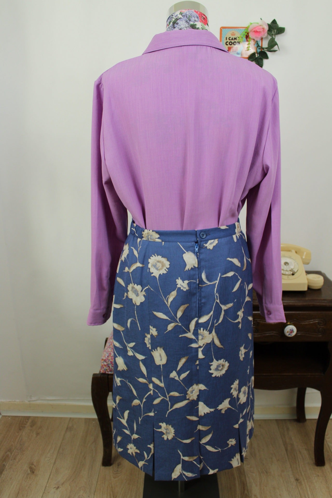 🍒🌸Jupe vintage 80's fleurie bleue et crème - Taille 38🌸🍒