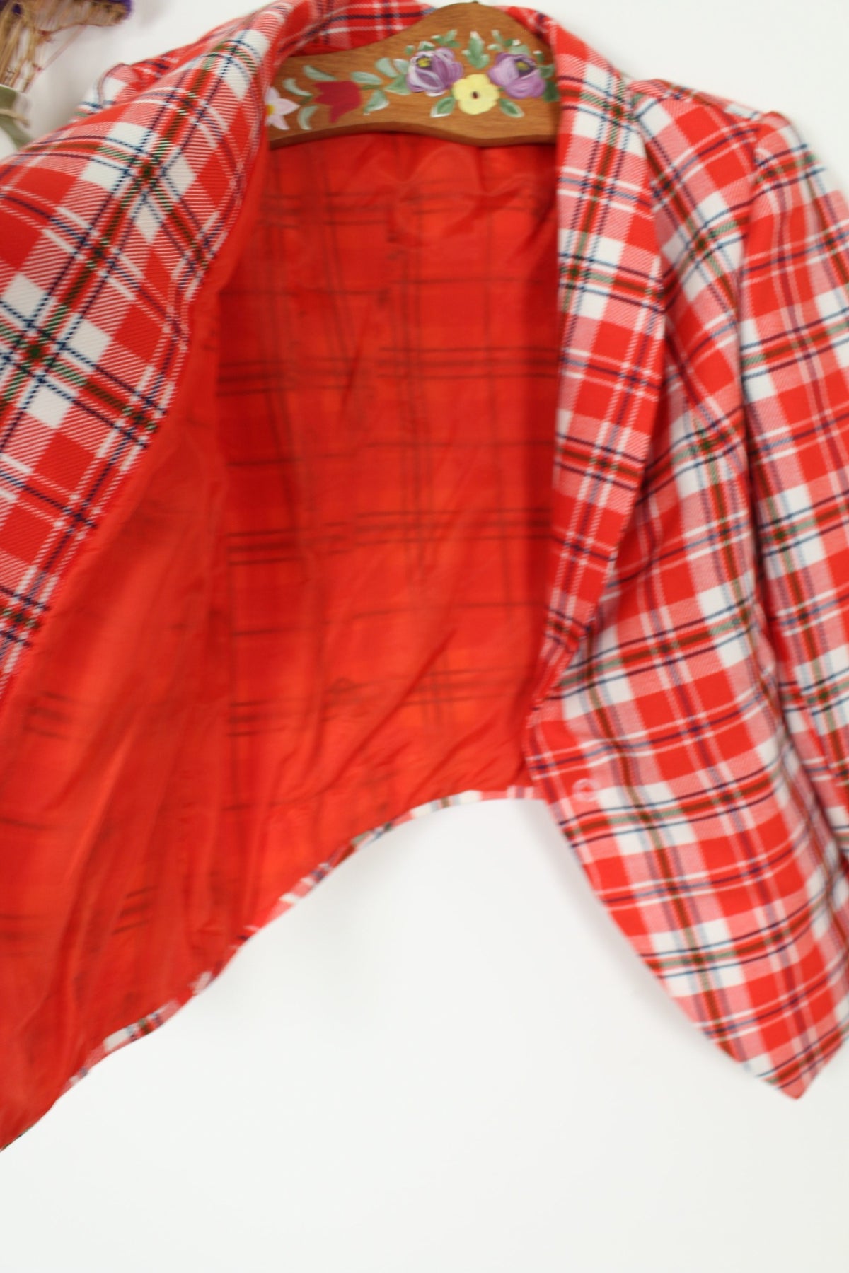 Veste vintage années 80 carreaux tartan rouge & blanc - à deux pans pointus - Taille 38