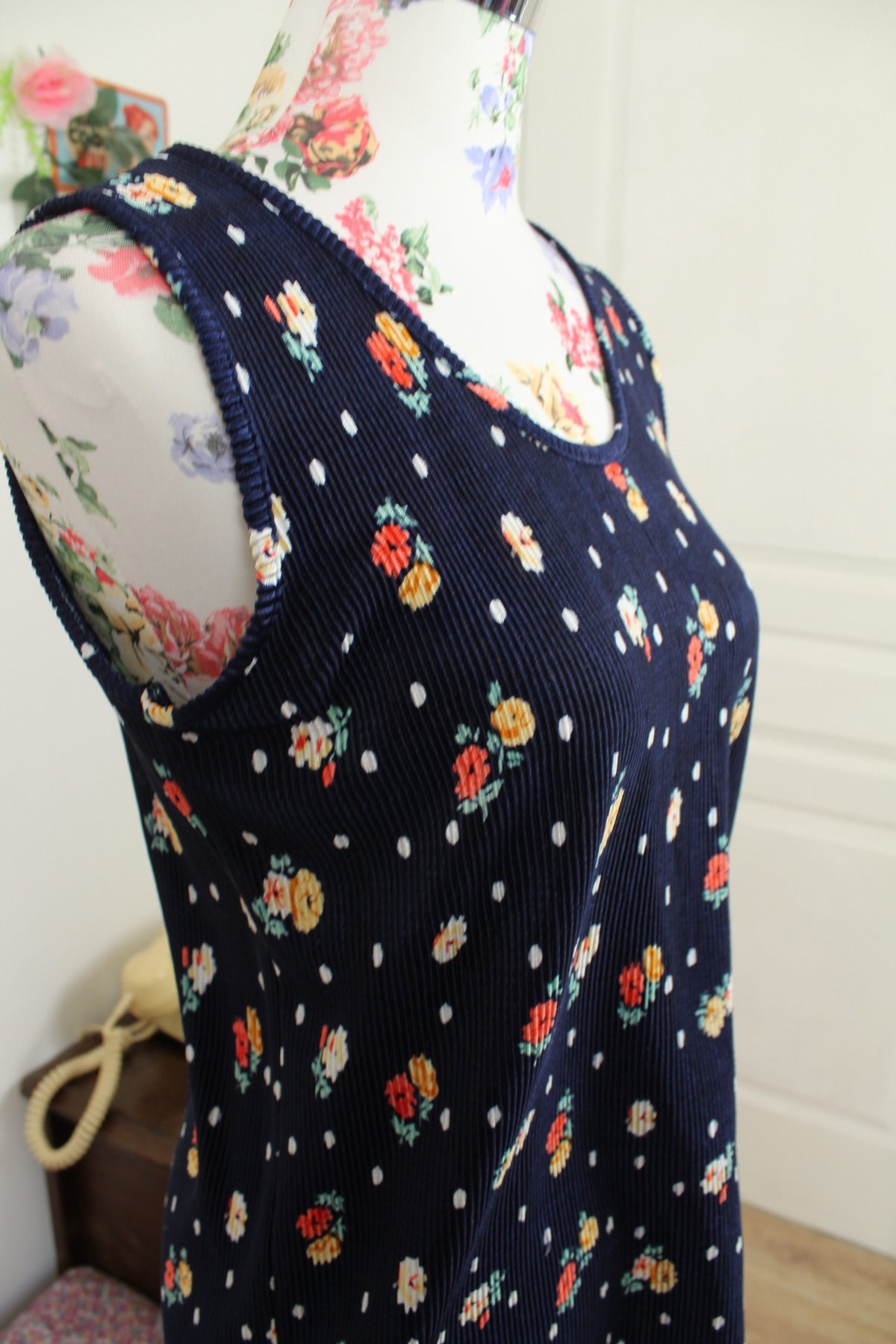 🌸🍒Débardeur côtelé vintage années 90 pois & fleurs - Taille 40/42🍒🌸
