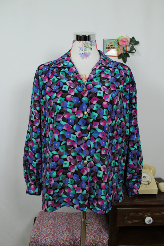 🌸🍒Chemise vintage 80's géométrique multicolore satinée - boutons dorés - Taille 42 à 48🍒🌸