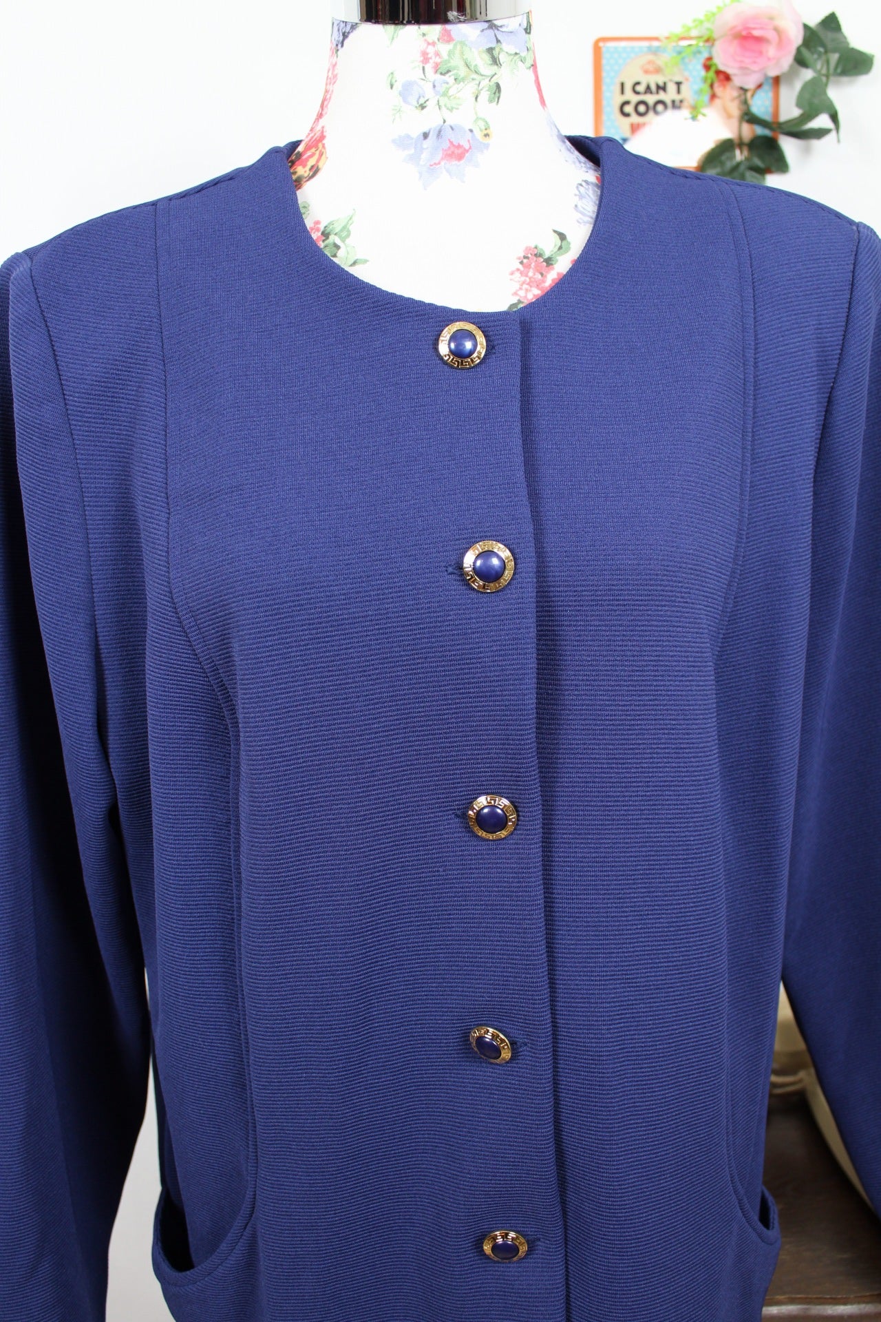 🌸🍒Veste blazer vintage 80/90s - bleu roi à boutons bijoux chic - Taille 40/42🍒🌸