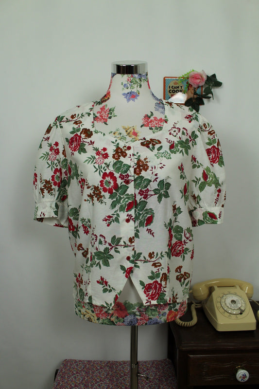 🌸🍒Blouse fleurie vintage 80's - manches bouffantes romantiques - Taille 38/40🍒🌸