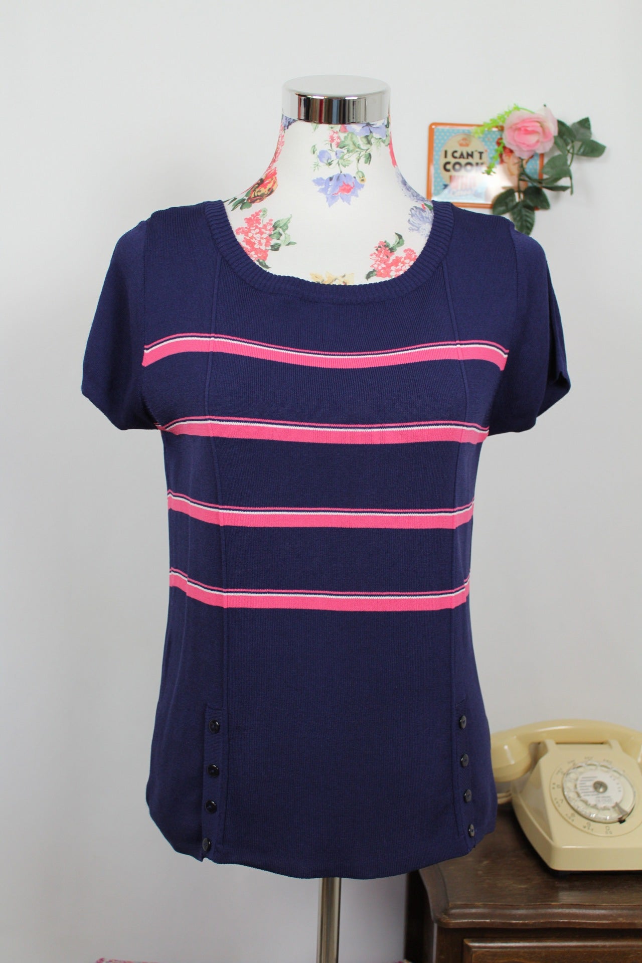 🌸🍒Haut Y2k 2000s marine & rayures rose vif - Taille 38/40🍒🌸