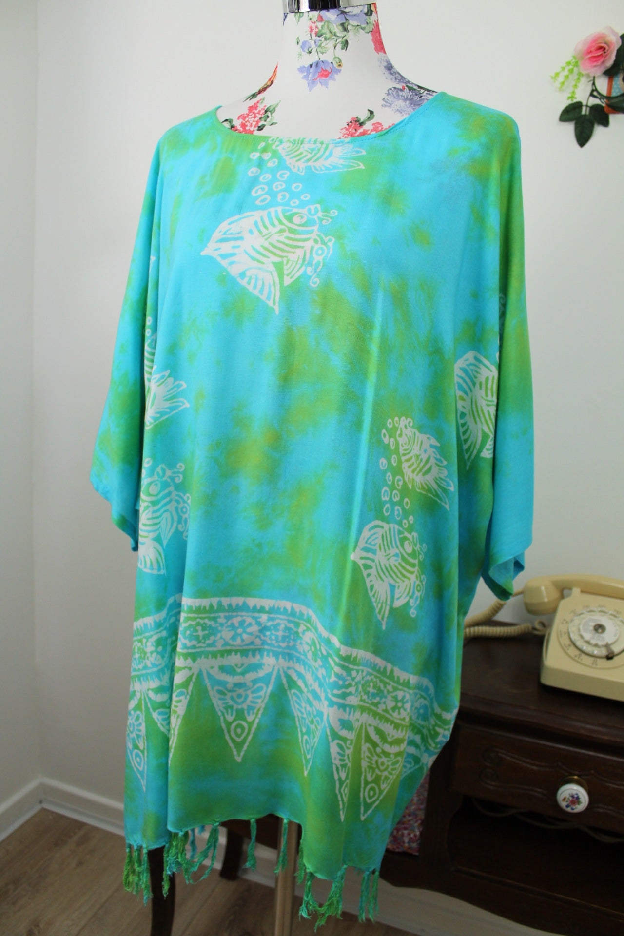 🌸🍒Tunique de plage Tie and Dye poissons exotiques - taille unique🍒🌸