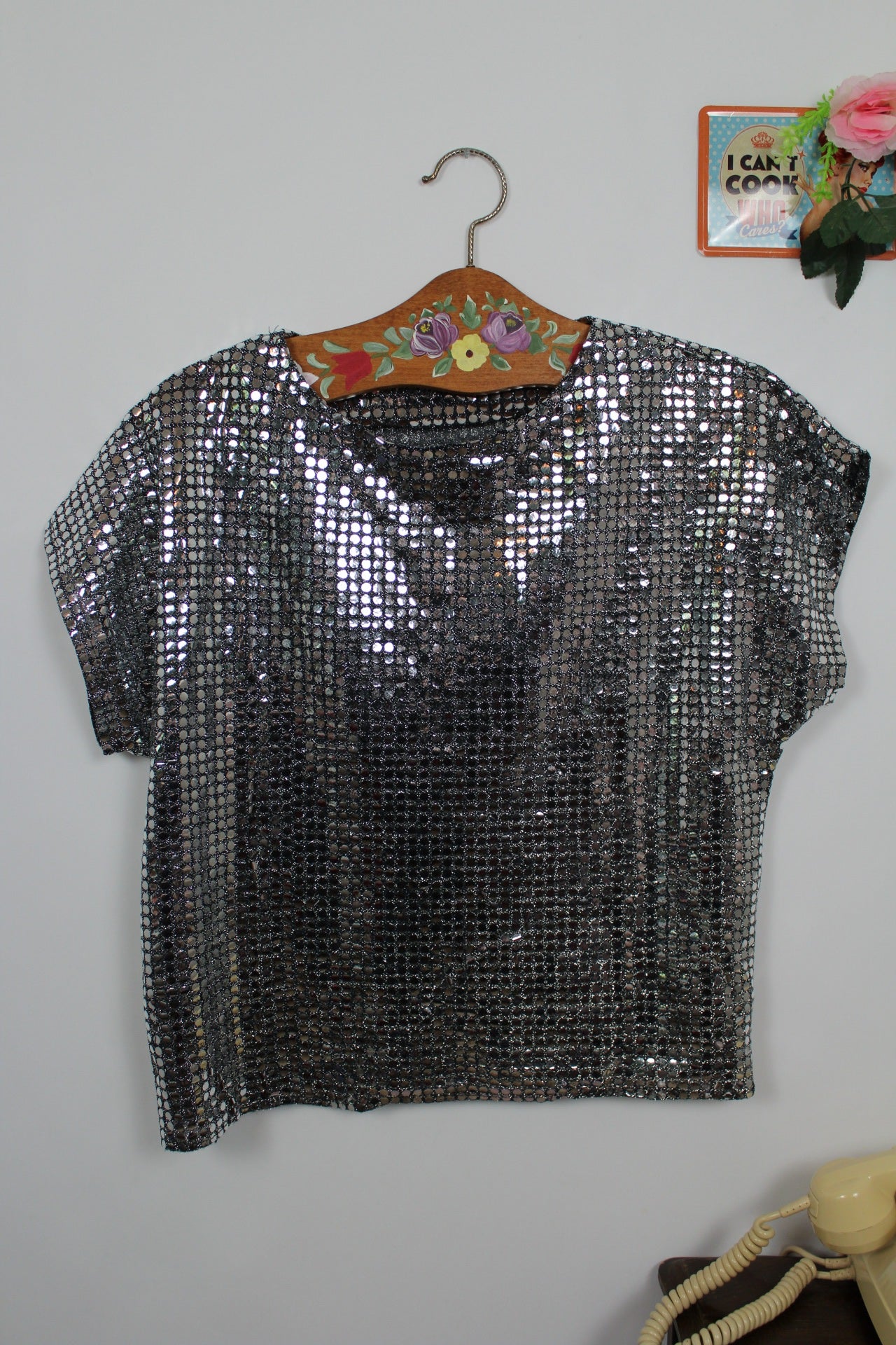 🌸🍒Blouse vintage 80's résille métallisée patch ronds argentés - style soirée disco - Taille 38 à 42🍒🌸