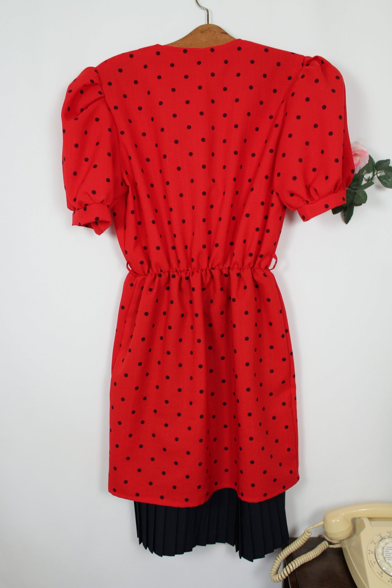🌸🍒Robe vintage 80's rouge à pois - manches bouffantes & jupon intégré esprit 50's - Taille 38/40🍒🌸