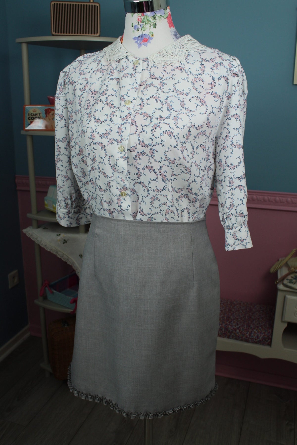 Blouse vintage col claudine en dentelle années 90 fleurie romantique - Taille 40/42