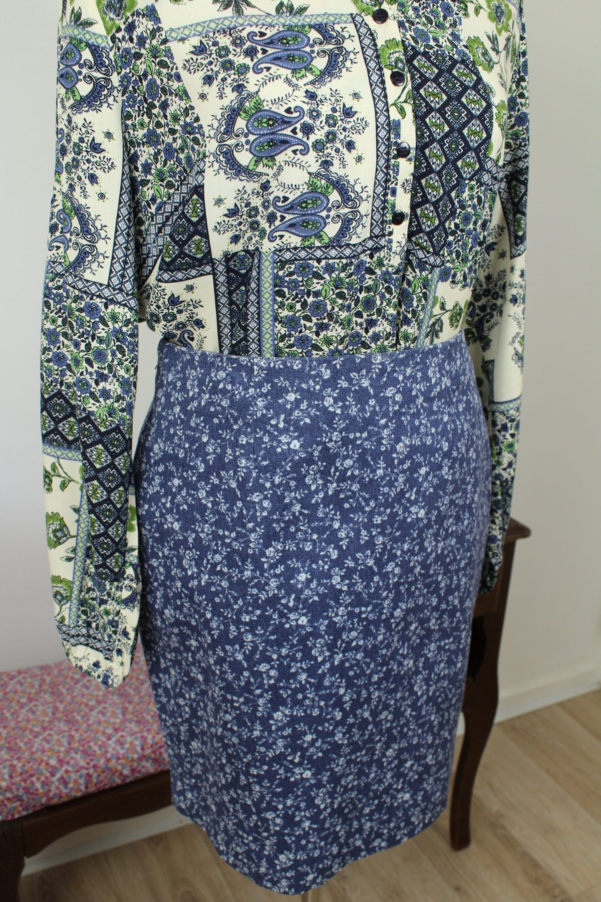 Jupe vintage années 90 Nina Kalio en denim effet fleuri liberty - Taille 40