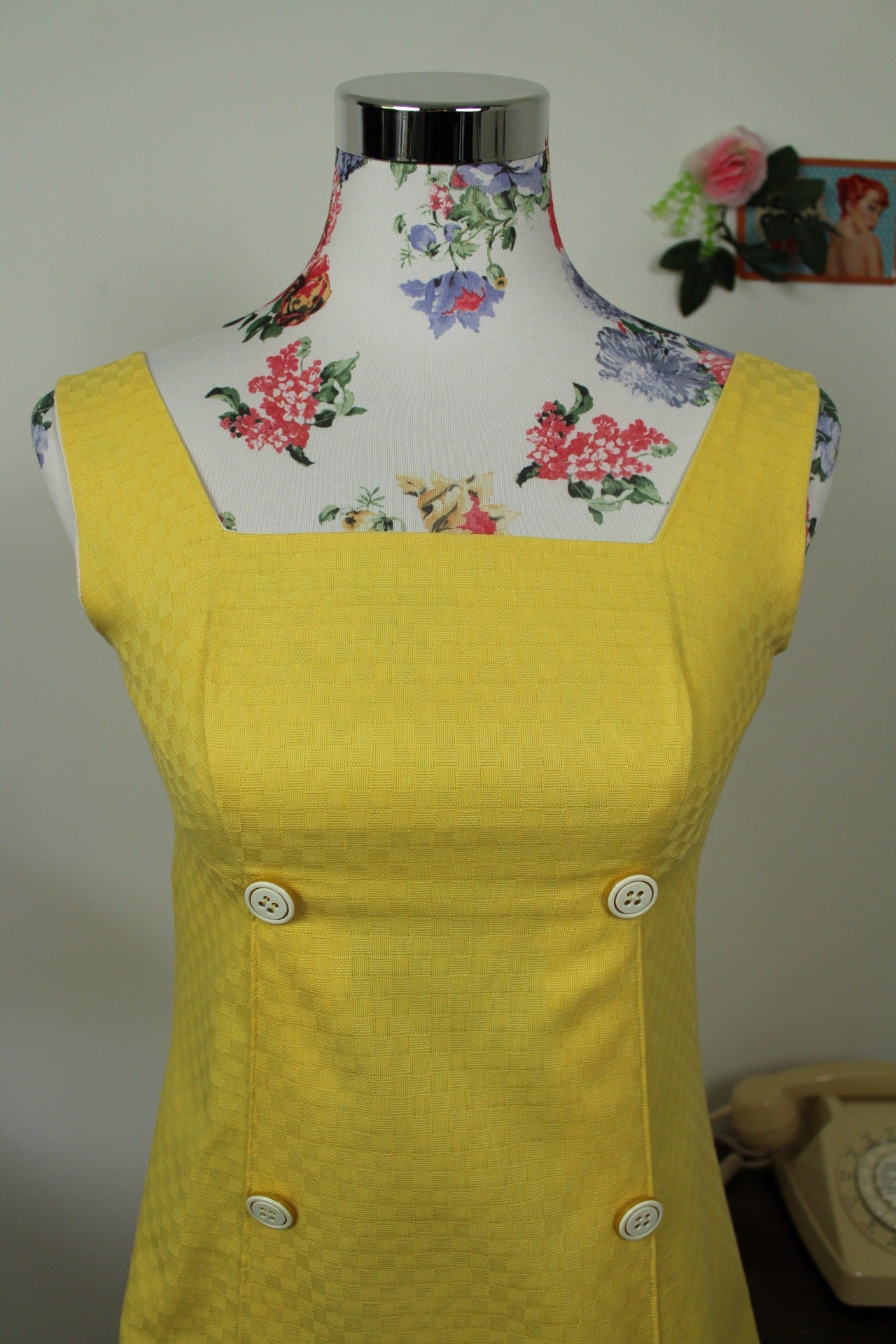 🌸🍒Robe vintage 60's jaune soleil carreaux tissés - Taille 34/36🍒🌸