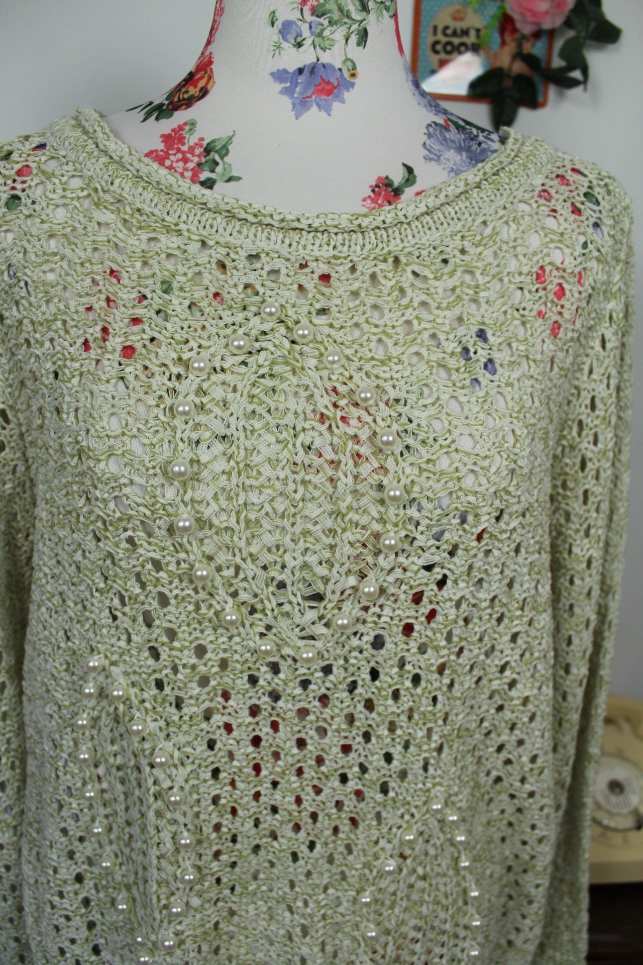 🌸🍒Pull ajouré perles nacrées vintage chic - Création L - 90s/2000s - Taille 40/42🍒🌸